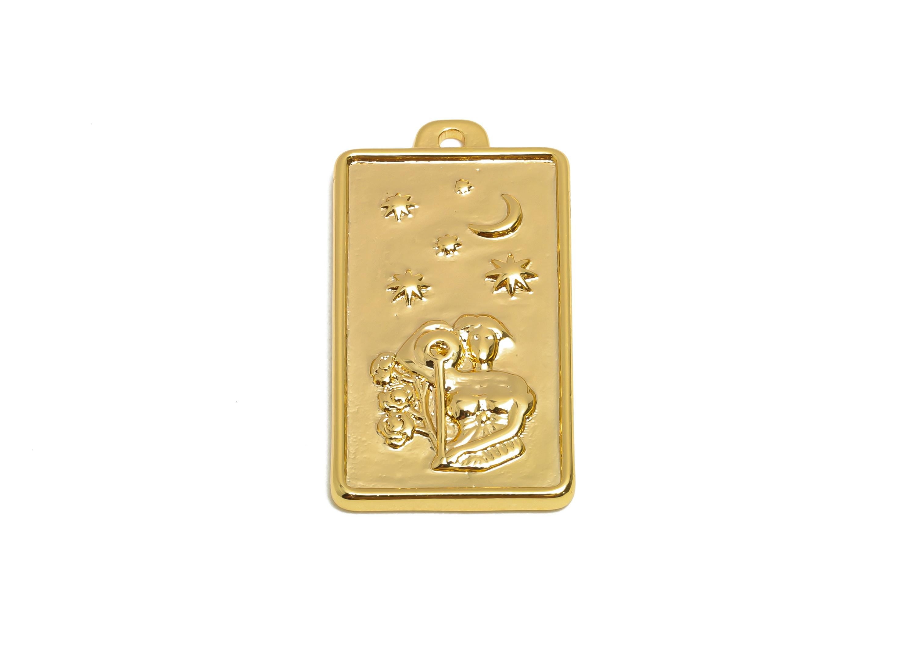 Aquarius Zodiac Rectangle Charm - Gold Brass Horoscopes Necklace Pendant - Astrology Good Lucky Charm - 18K Gold Plated - 24x12x1mm-RGP11038 - DOMEDBAZAAR