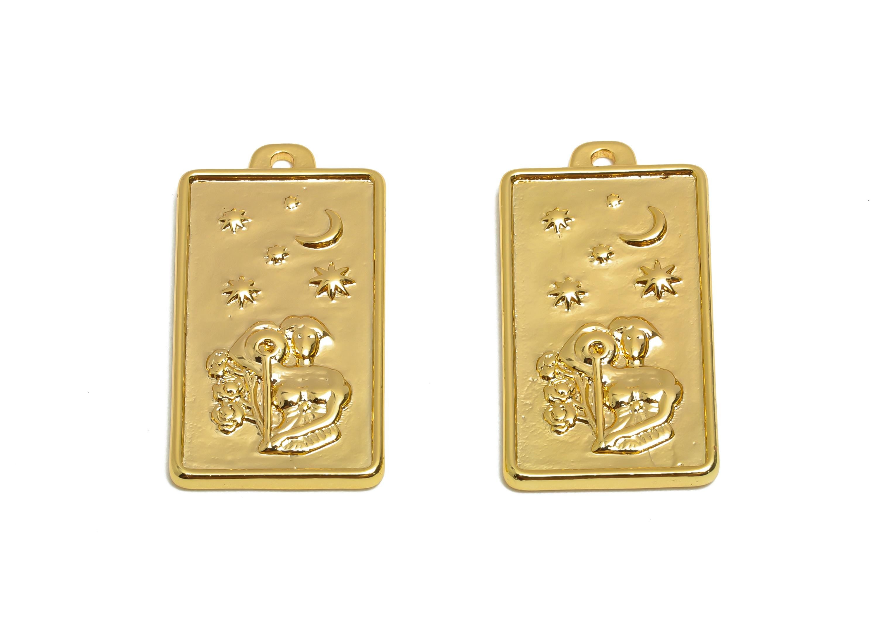 Aquarius Zodiac Rectangle Charm - Gold Brass Horoscopes Necklace Pendant - Astrology Good Lucky Charm - 18K Gold Plated - 24x12x1mm-RGP11038 - DOMEDBAZAAR