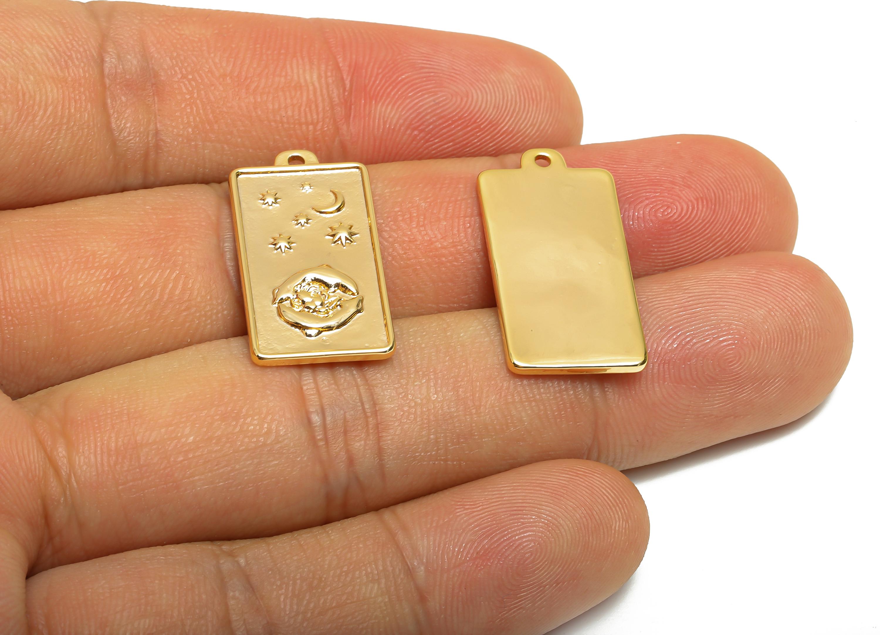Pisces Zodiac Rectangle Charm - Gold Brass Horoscopes Necklace Pendant - Astrology Good Lucky Charm - 18K Gold Plated - 24x12x1mm - RGP11040 - DOMEDBAZAAR
