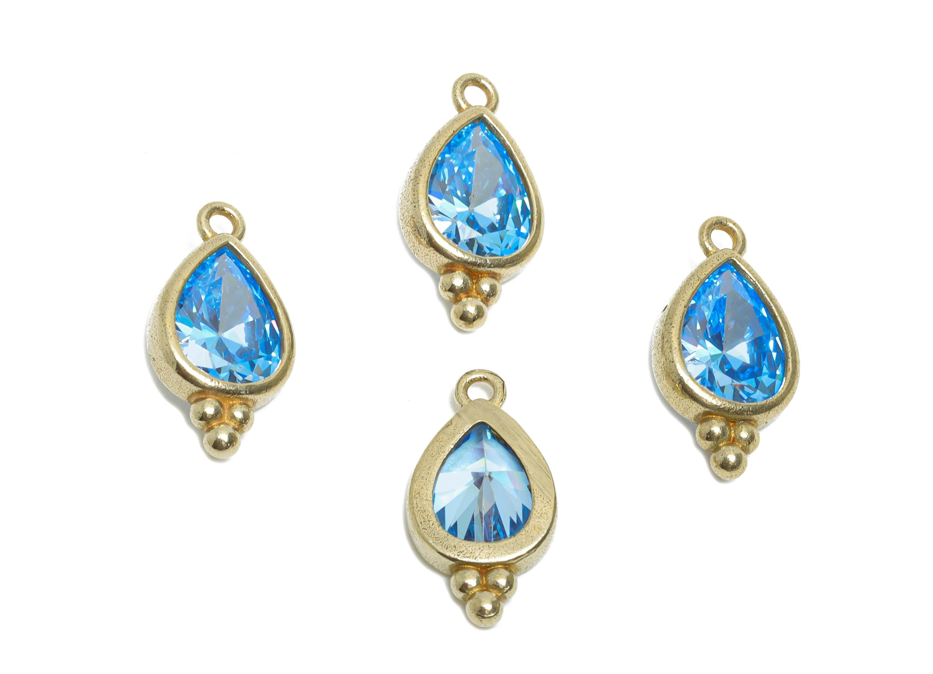 Raw Brass Teardrop Zircon Charm - Shiny Blue Faceted Zircon Pendant for Necklace - For Craft Making - Jewelry Supplies - 14x7x3mm - PP11427 - DOMEDBAZAAR