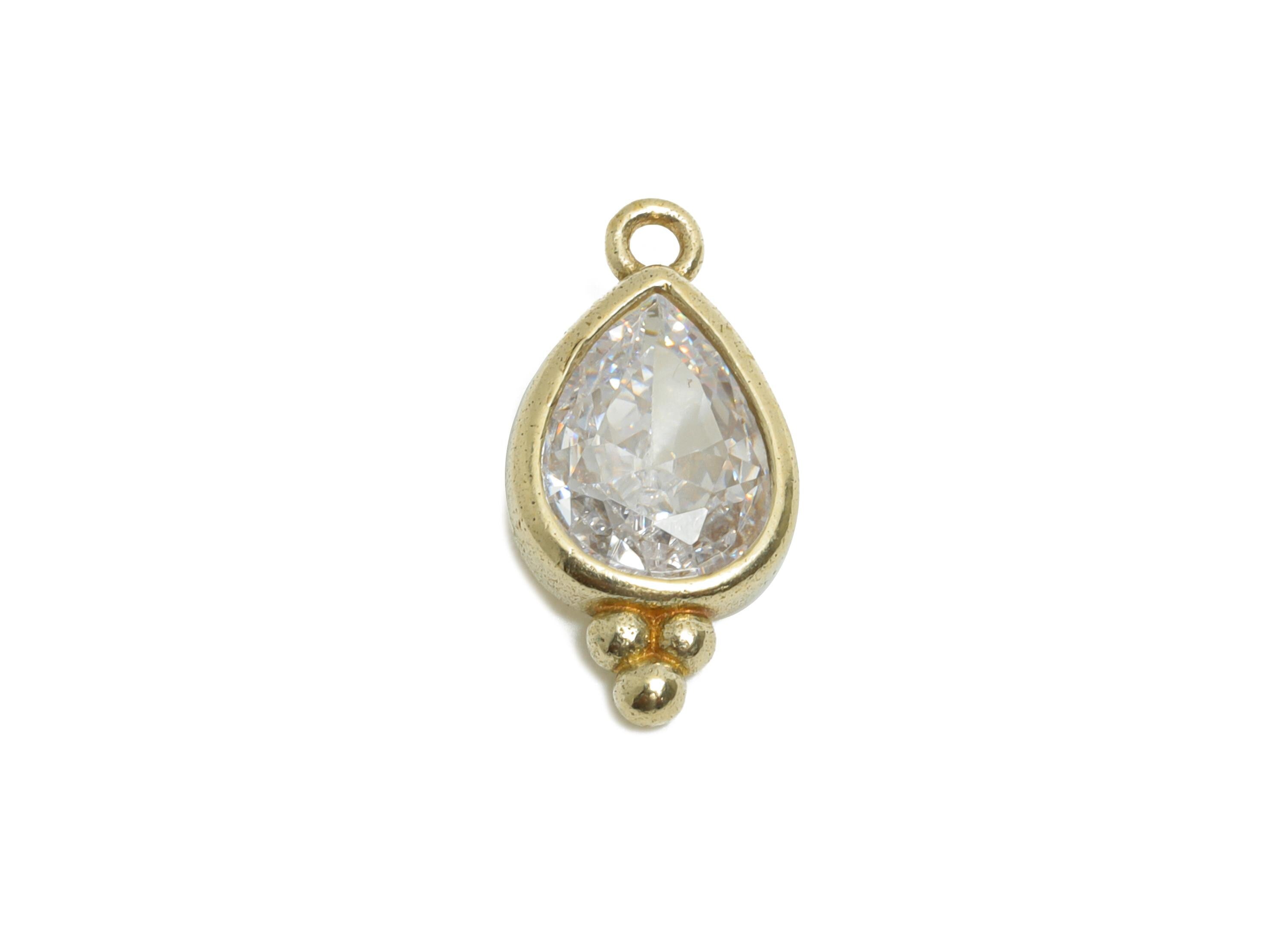Raw Brass Teardrop Zircon Charm - Sparkling Faceted Zircon Pendant for Necklace - For Craft Making - Jewelry Supplies - 14x7x3mm - PP11429 - DOMEDBAZAAR