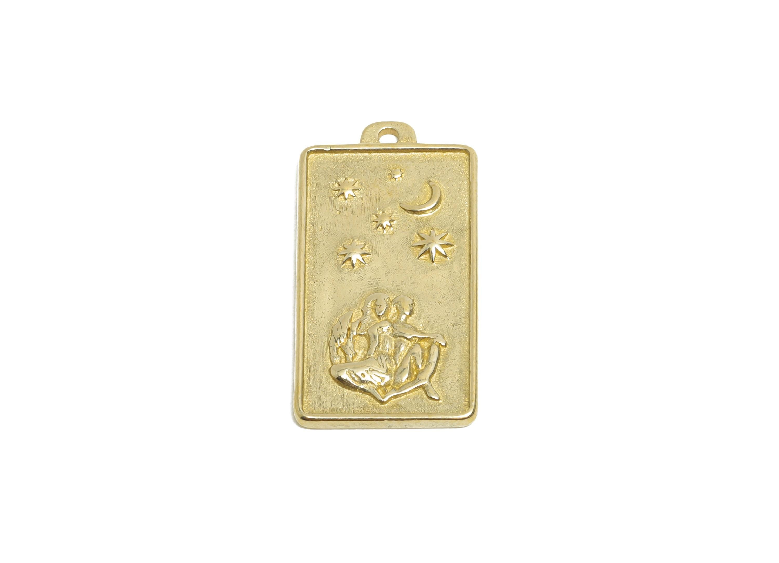 Gemini Zodiac Rectangle Charm - Raw Brass Horoscopes Necklace Pendant - Astrology Good Lucky Charm - Jewelry Making - 24x12x1mm - PP11409 - DOMEDBAZAAR