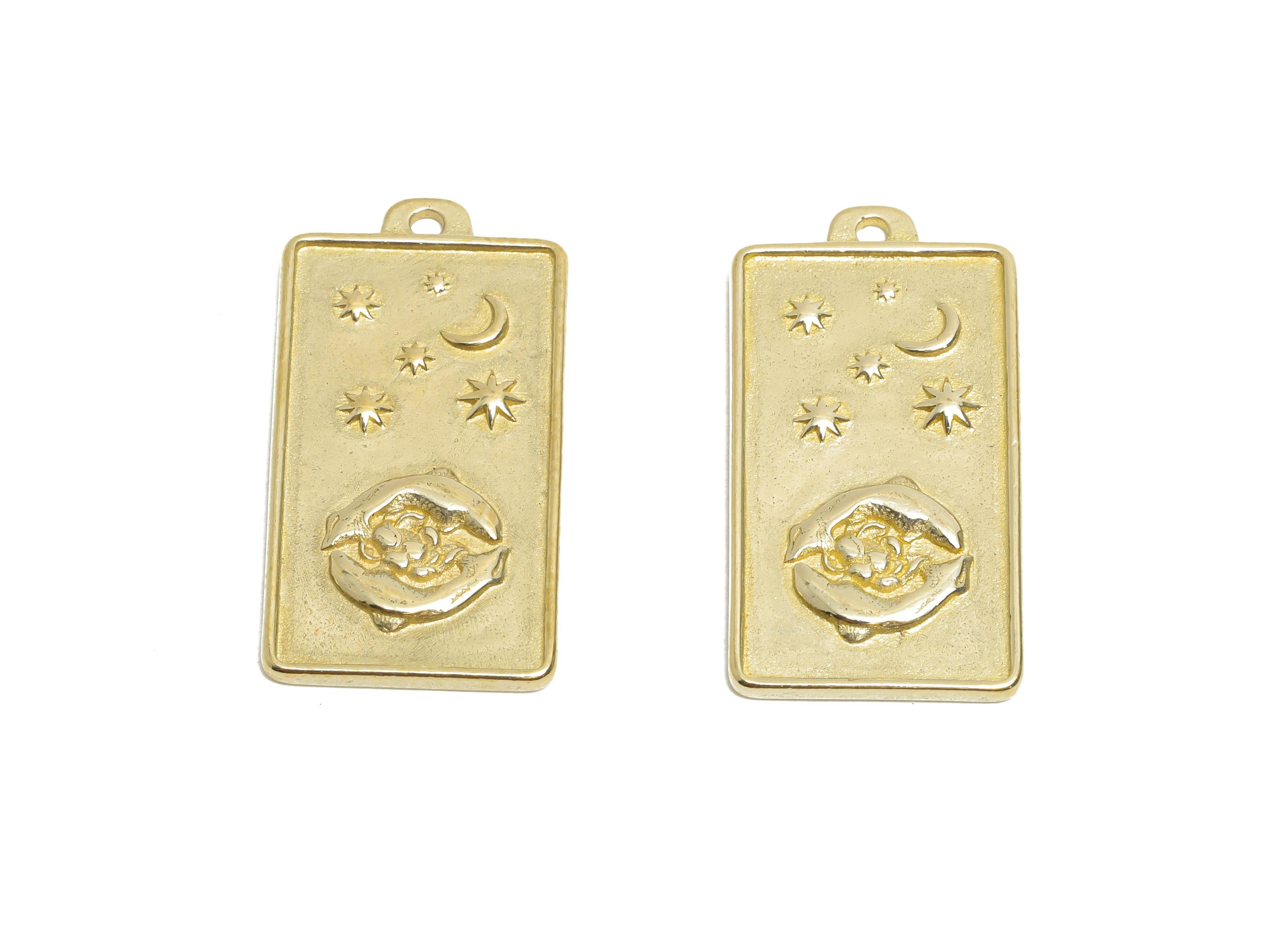 Pisces Zodiac Rectangle Charm - Raw Brass Horoscopes Necklace Pendant - Astrology Good Lucky Charm - Jewelry Making - 24x12x1mm - PP11412 - DOMEDBAZAAR