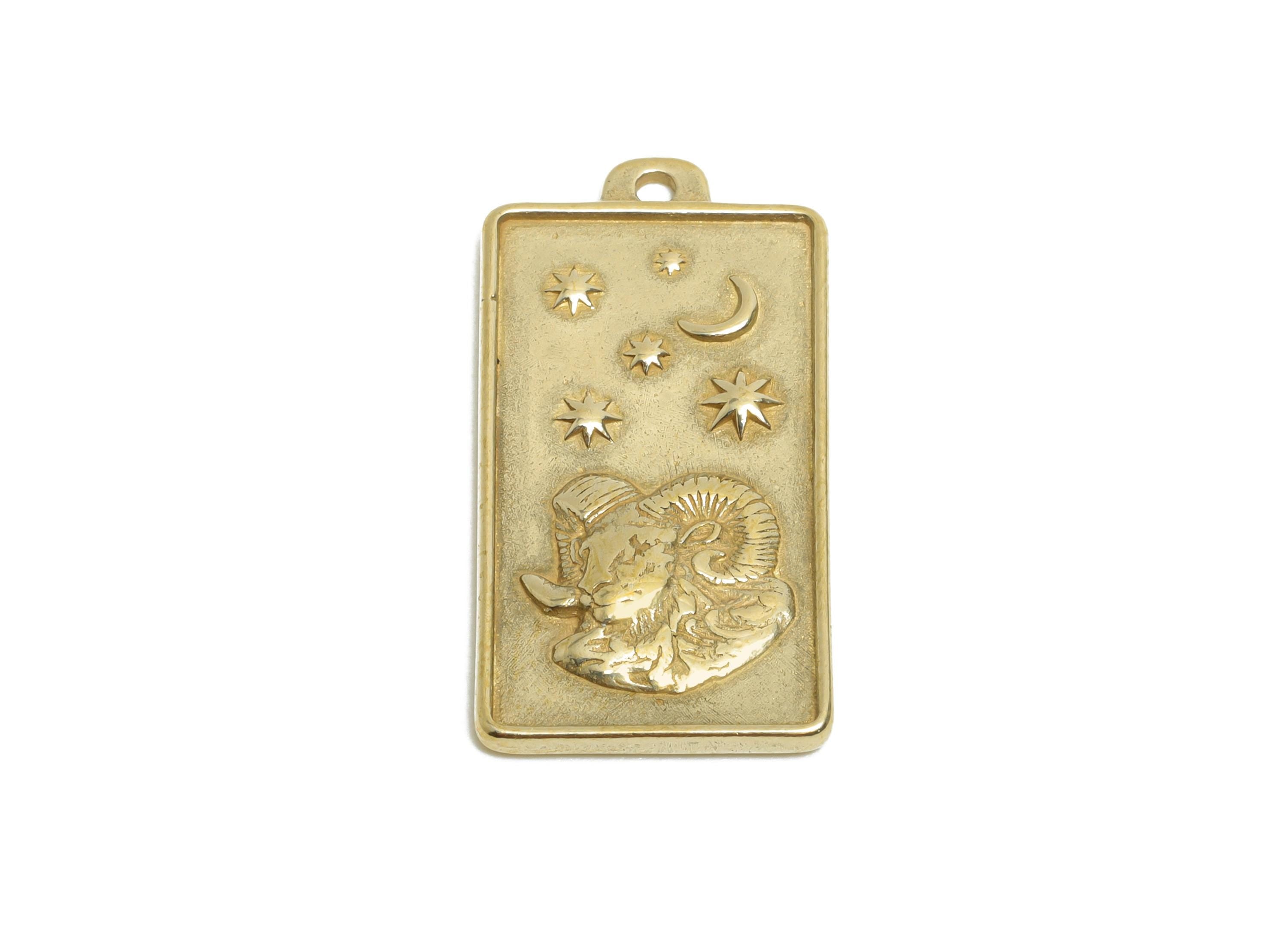 Aries Zodiac Rectangle Charm - Raw Brass Horoscopes Necklace Pendant - Astrology Good Lucky Charm - Jewelry Making - 24x12x1mm - PP11416 - DOMEDBAZAAR