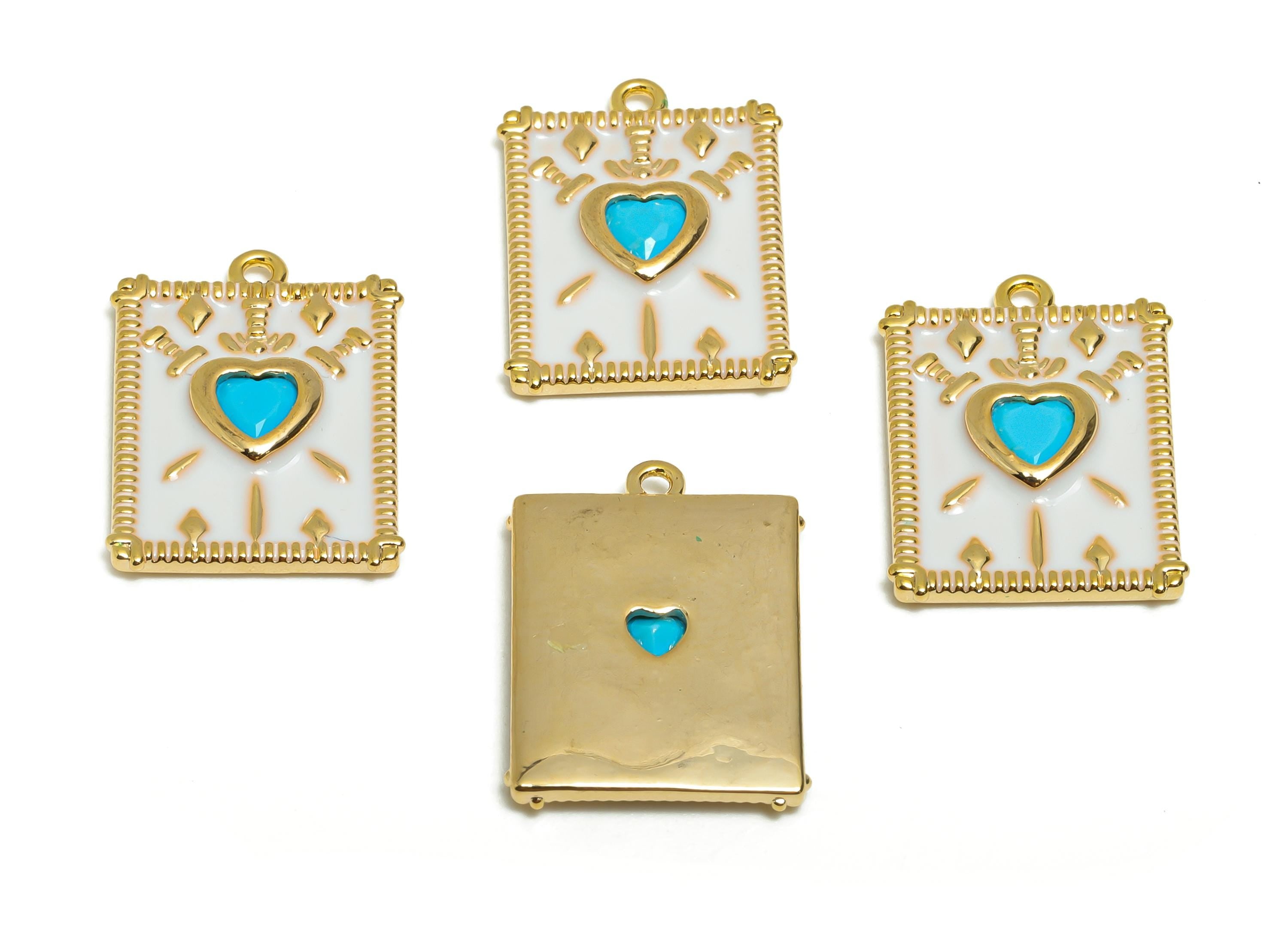 Sacred Heart Charm Pendant - Dainty Gold Brass Enamel Pendant - Brass Boho Heart Jewelry - 18K Real Gold Plated - 18x14x2mm -RGP11026