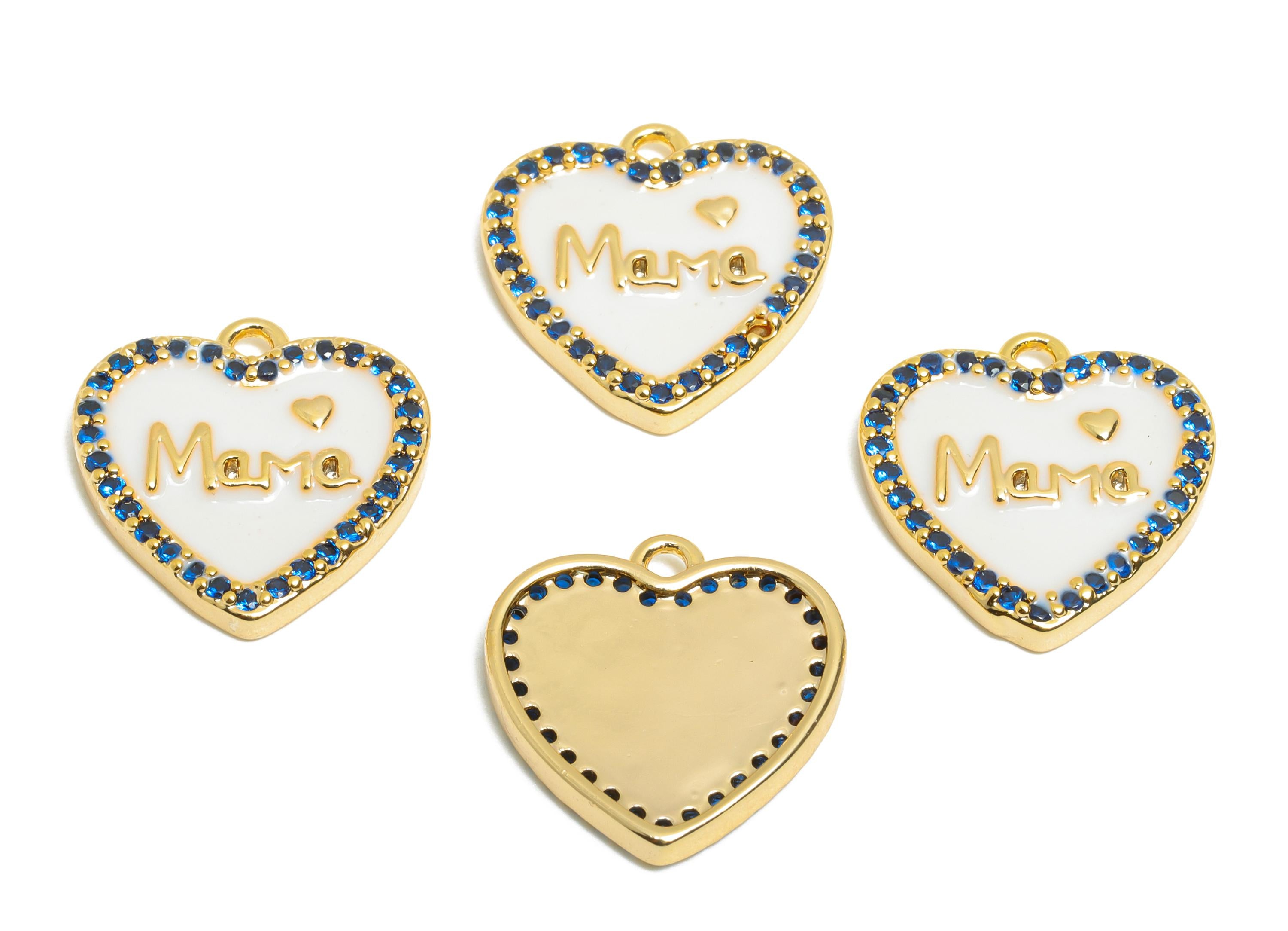 Brass Heart Charm Pendant - Dainty MaMa Enamel Pendant - Cubic Zircon Mother's Heart Jewelry - 18K Real Gold Plated - 18x13x2mm - RGP11029