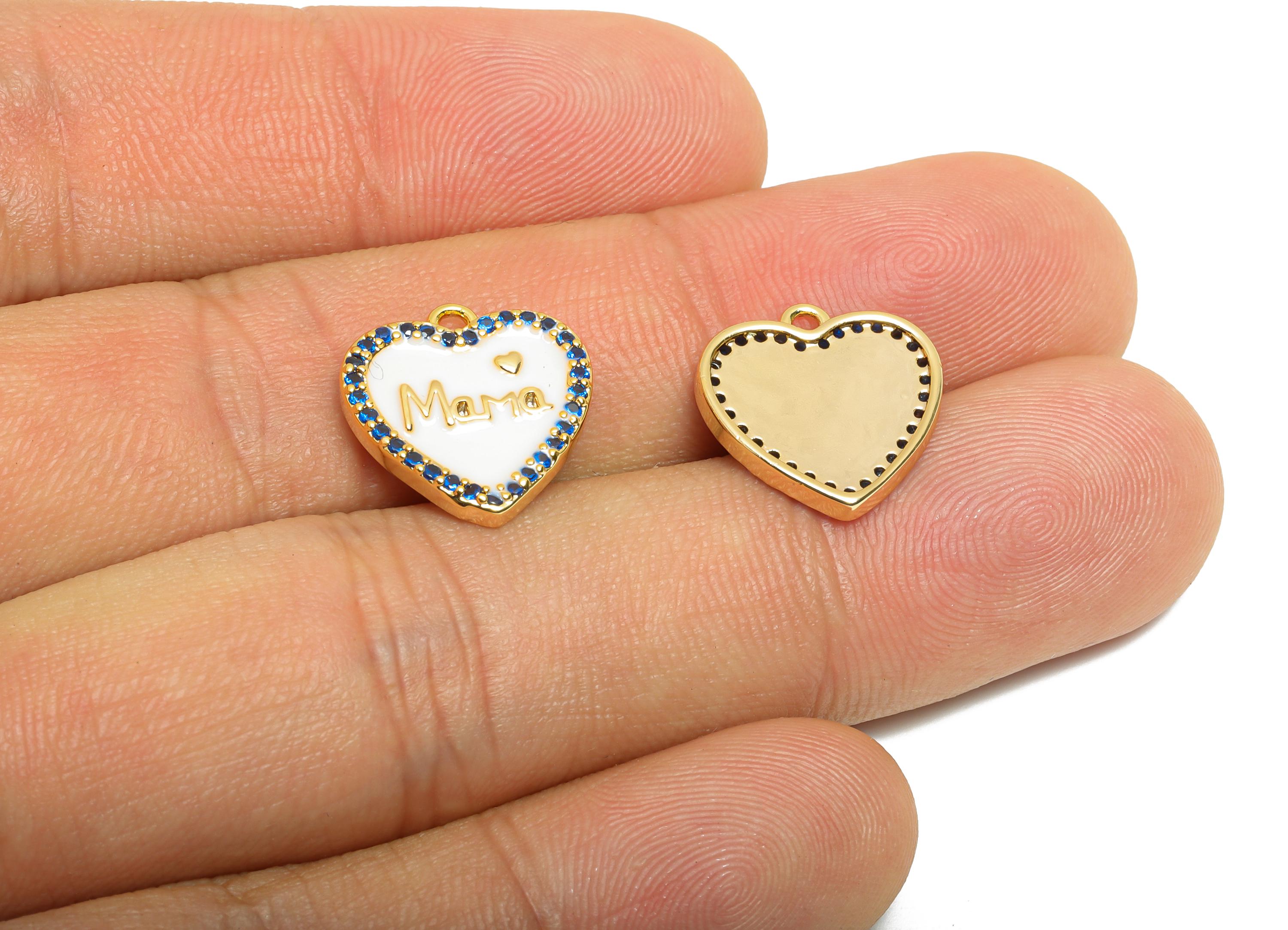 Brass Heart Charm Pendant - Dainty MaMa Enamel Pendant - Cubic Zircon Mother's Heart Jewelry - 18K Real Gold Plated - 18x13x2mm - RGP11029