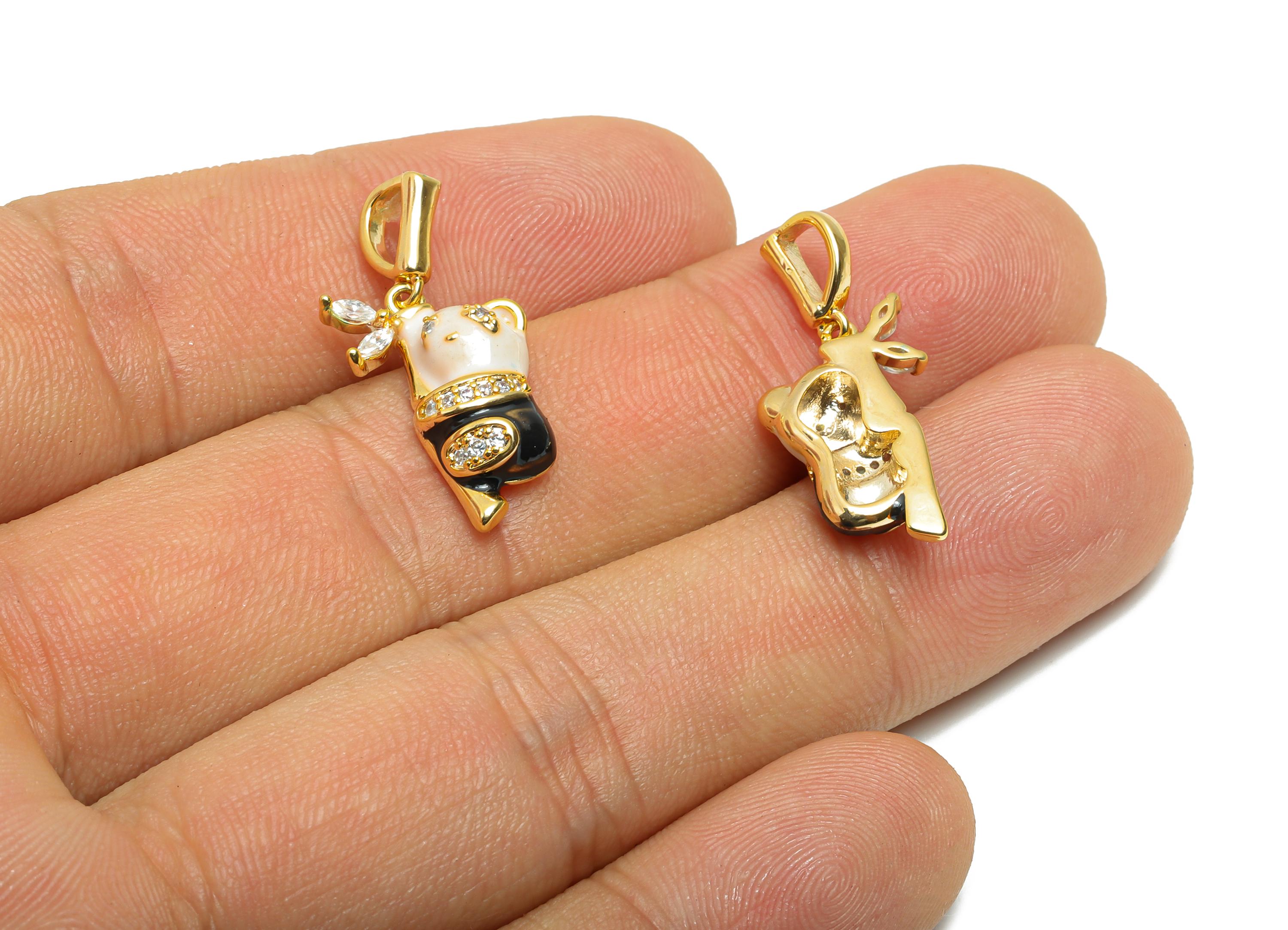 Brass Panda Charm Pendant - Dainty Cute Enamel Pendant - Cubic Zircon Bamboo Marquise Jewelry - 18K Real Gold Plated - 25x11x4mm -RGP11028
