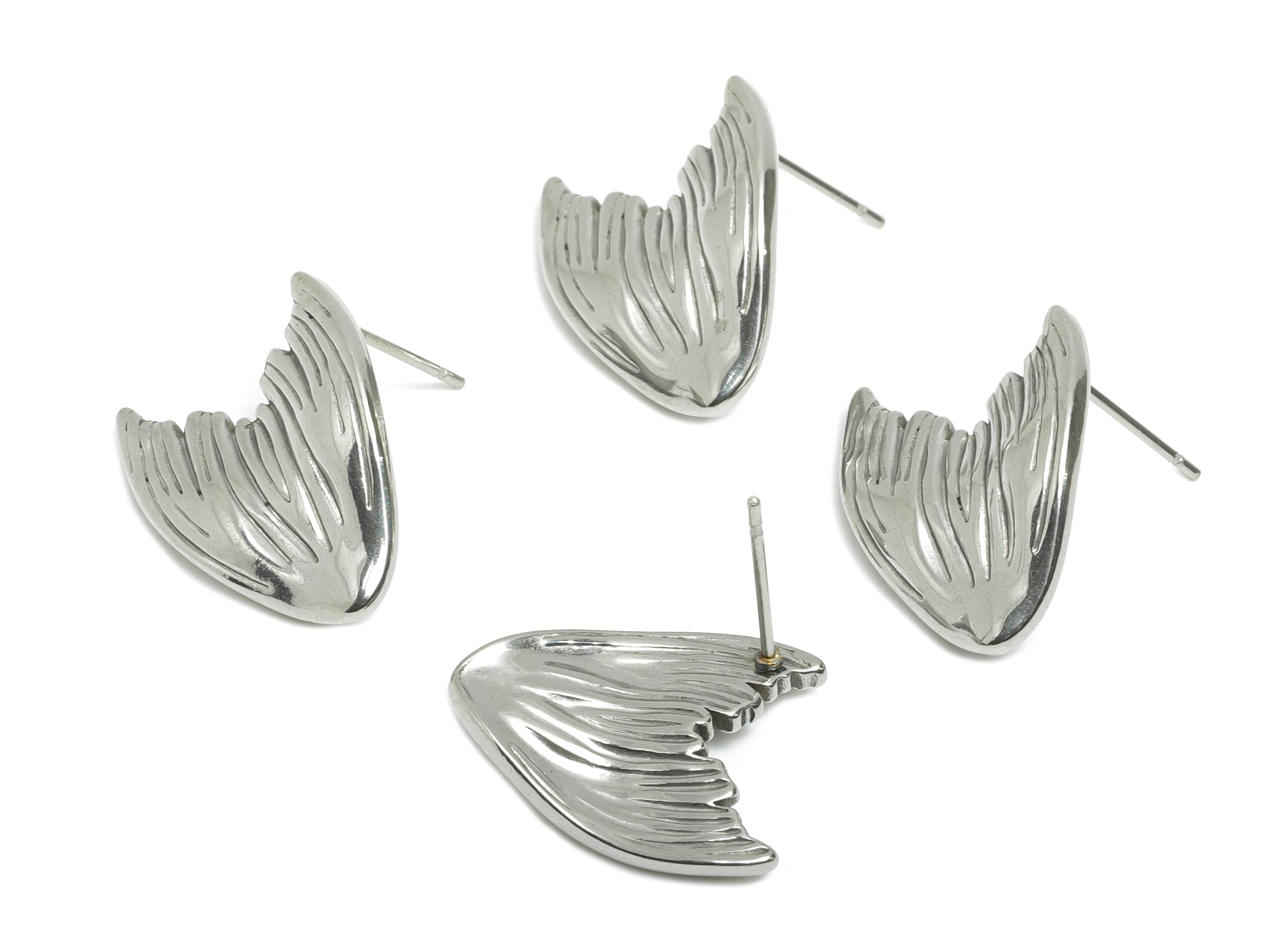 Steel Tail Stud Earring - Steel Whale Tail Earring Post - Textured Marine Life Earring - Stainless Steel Earring Stud - 21.65x16x2mm -SS2732