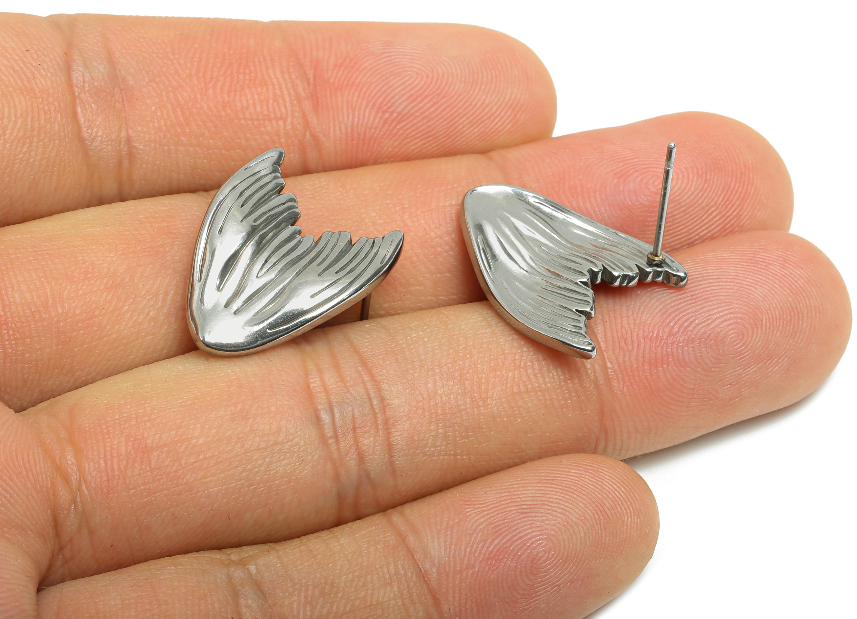 Steel Tail Stud Earring - Steel Whale Tail Earring Post - Textured Marine Life Earring - Stainless Steel Earring Stud - 21.65x16x2mm -SS2732