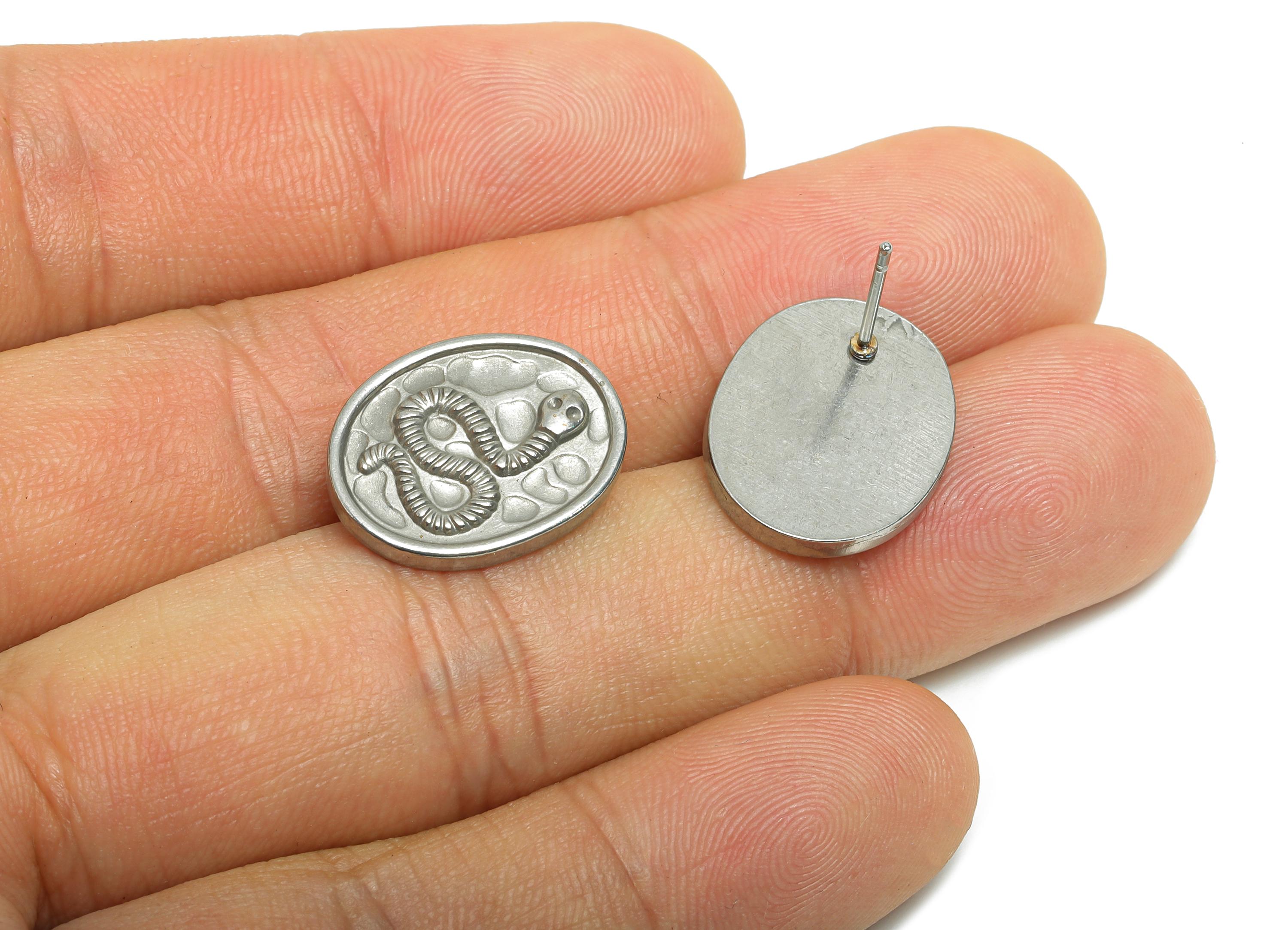 Steel Snake Stud Earring - Steel Textured Oval Snake Stud Earrings - Bold Steel Earring - Geometry Steel Post - 18x14x2.24mm -SS2715 - DOMEDBAZAAR