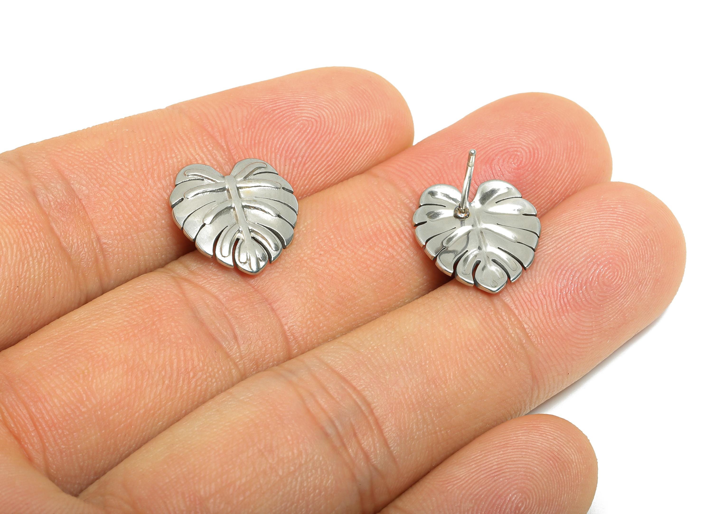 Steel Monstera Leaf Stud Earring - Steel Textured Tropical Leaf Earring - Botanical Earring Post - Stainless Steel Post - 15x14x1mm - SS2733