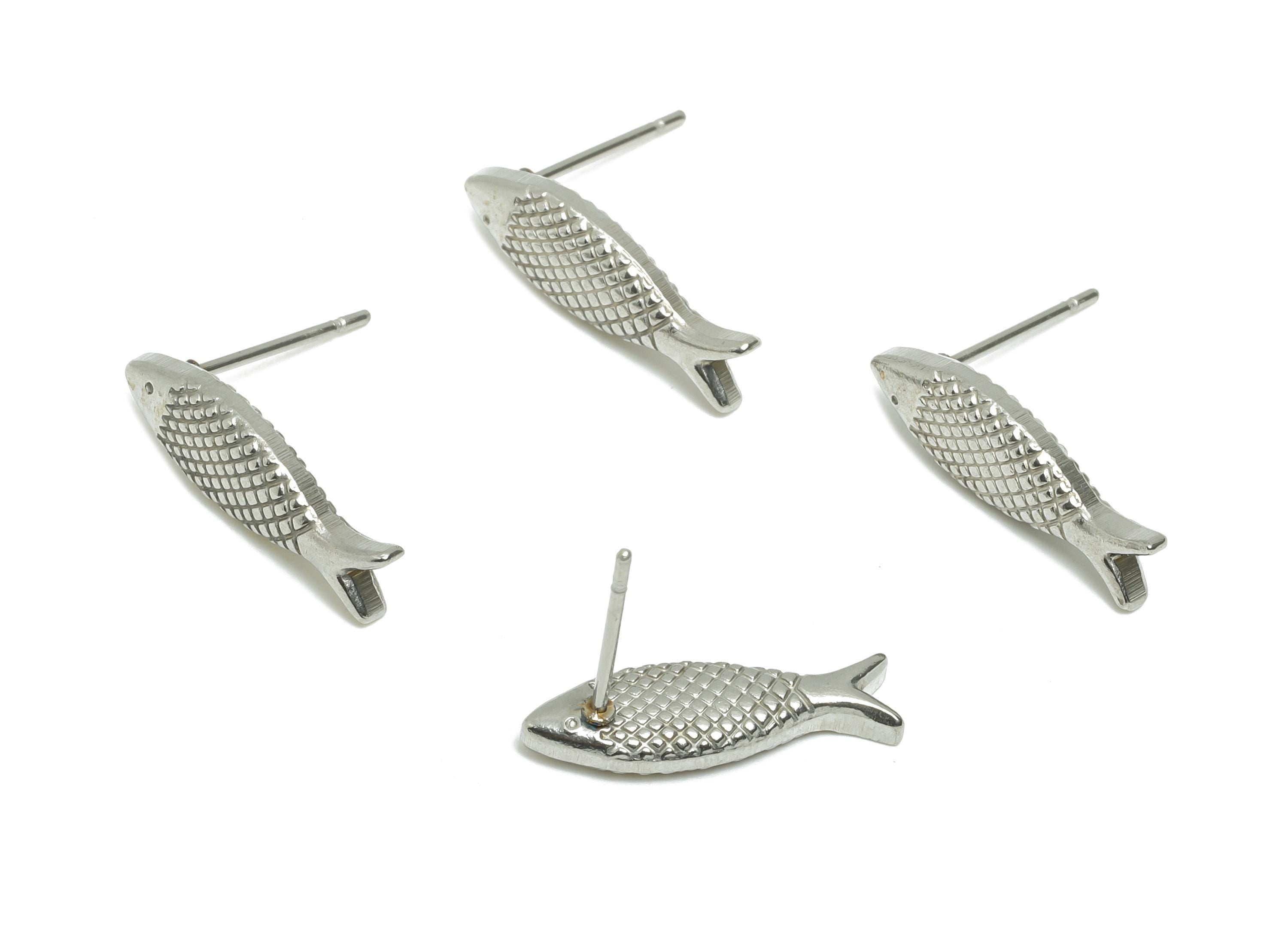 Steel Fish Stud Earring - Steel Textured Fish Earring - Steel Marine Life Earring Post - Stainless Steel Post - 18.78x5x2.84mm - SS2722