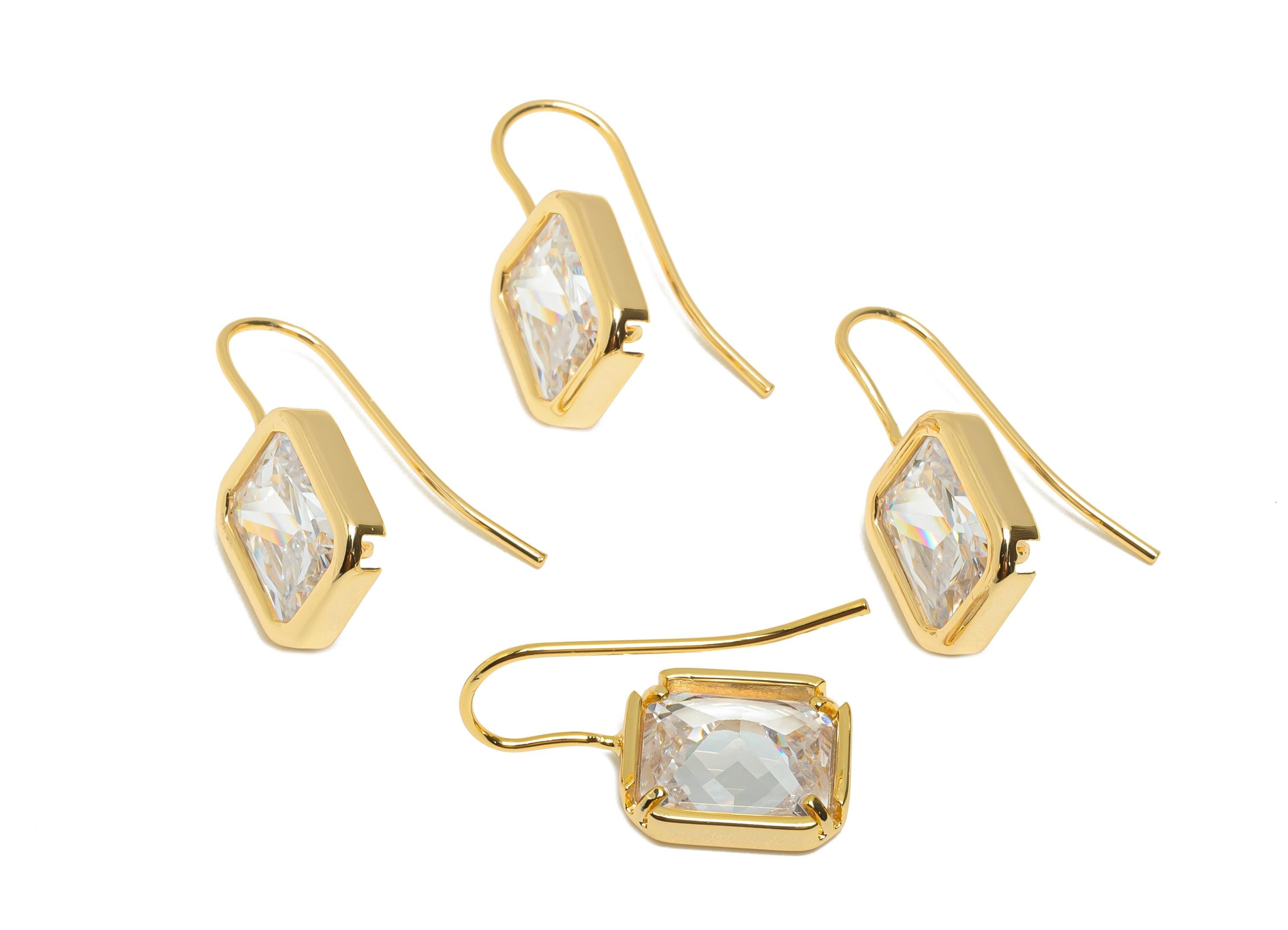 Brass Zircon Hook Earring - Geometric Faceted Zircon Ear Wire Hook - Elegant Hook Ear Jewelry Gift - 18K Gold Plated - 24x10x5mm - RGP11075 - DOMEDBAZAAR