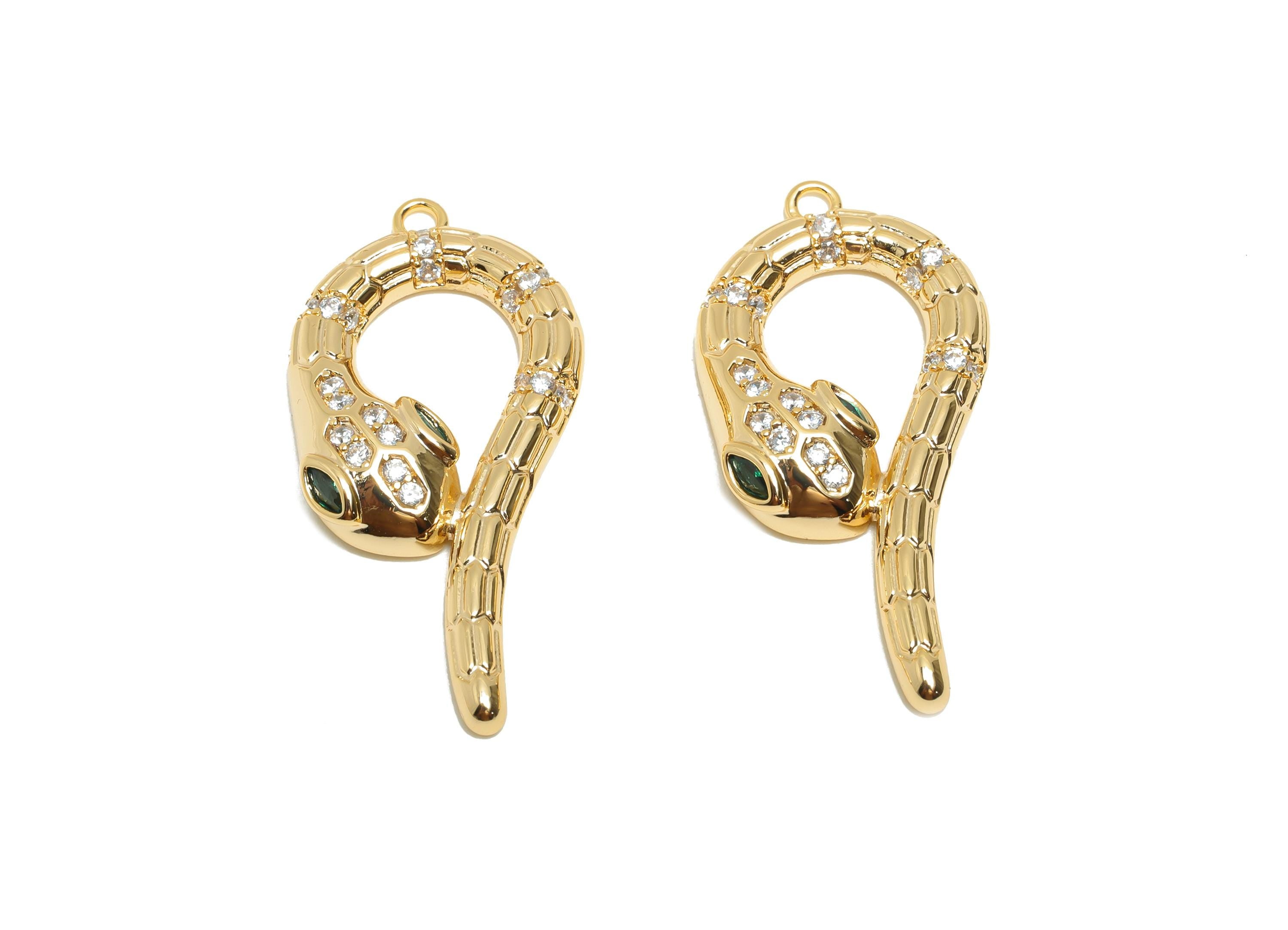 Gold Brass Snake Pendant - Zircon Serpent Necklace Pendant - Sparkling Protection Jewelry - 18K Real Gold Plated - 30.55x14.7x4mm - RGP11070 - DOMEDBAZAAR