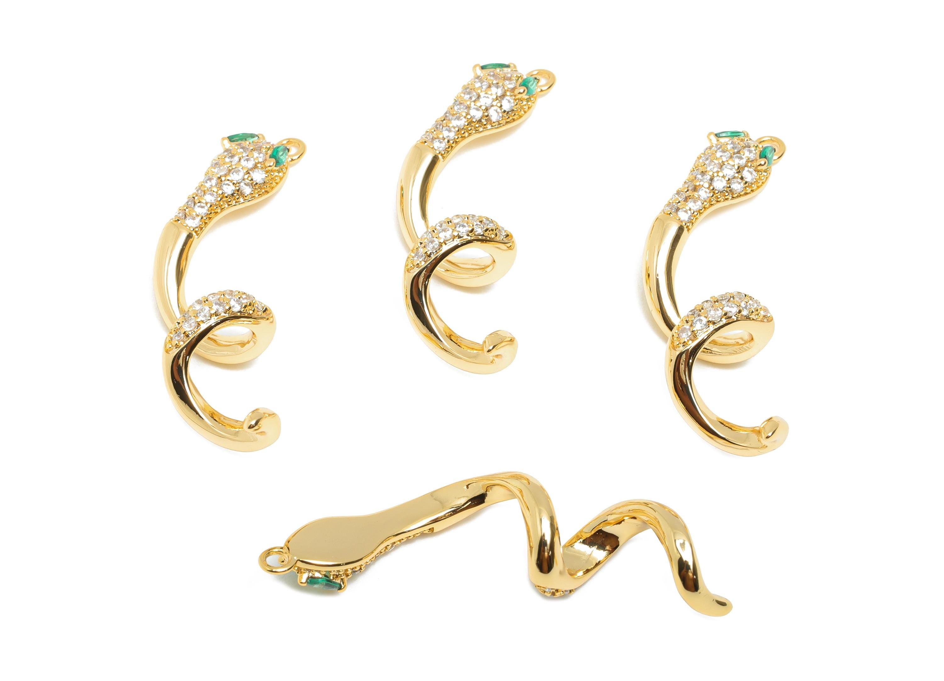 Gold Brass Snake Pendant - Zircon Serpent Necklace Pendant - Luxury Protection Jewelry - 18K Real Gold Plated - 35.46x10.4x3.49mm - RGP11072 - DOMEDBAZAAR