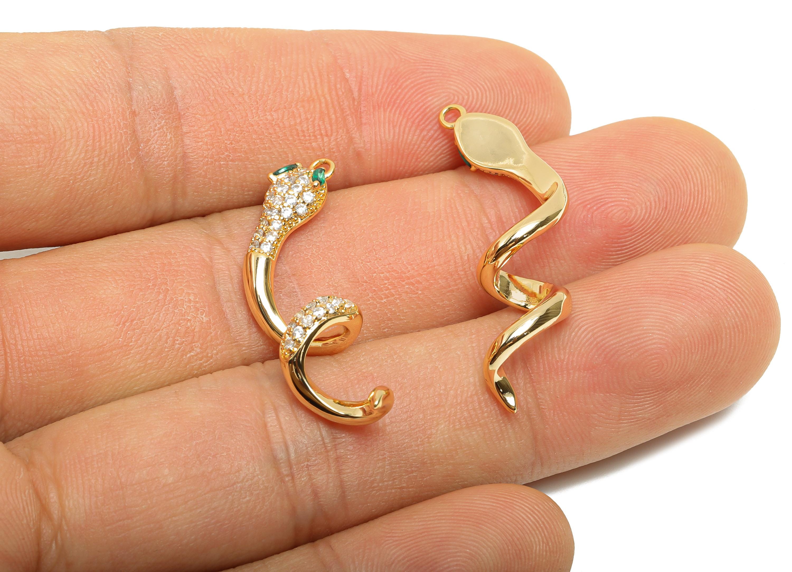 Gold Brass Snake Pendant - Zircon Serpent Necklace Pendant - Luxury Protection Jewelry - 18K Real Gold Plated - 35.46x10.4x3.49mm - RGP11072 - DOMEDBAZAAR