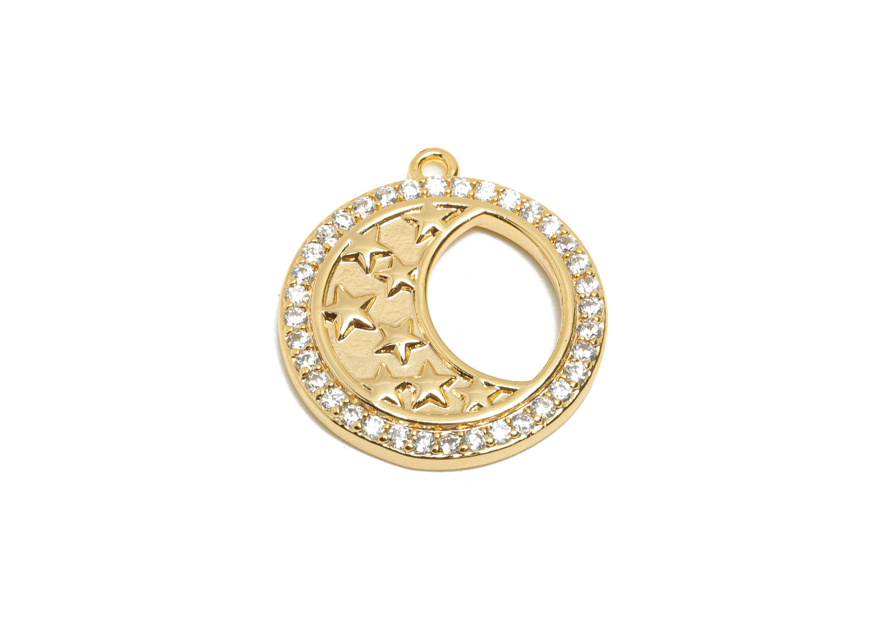 Brass Crescent Star Charm - Round Celestial Moon Zircon Pendant - Dainty Gold Jewelry Making - 18K Real Gold Plated - 19.8x18x2mm - RGP11074 - DOMEDBAZAAR