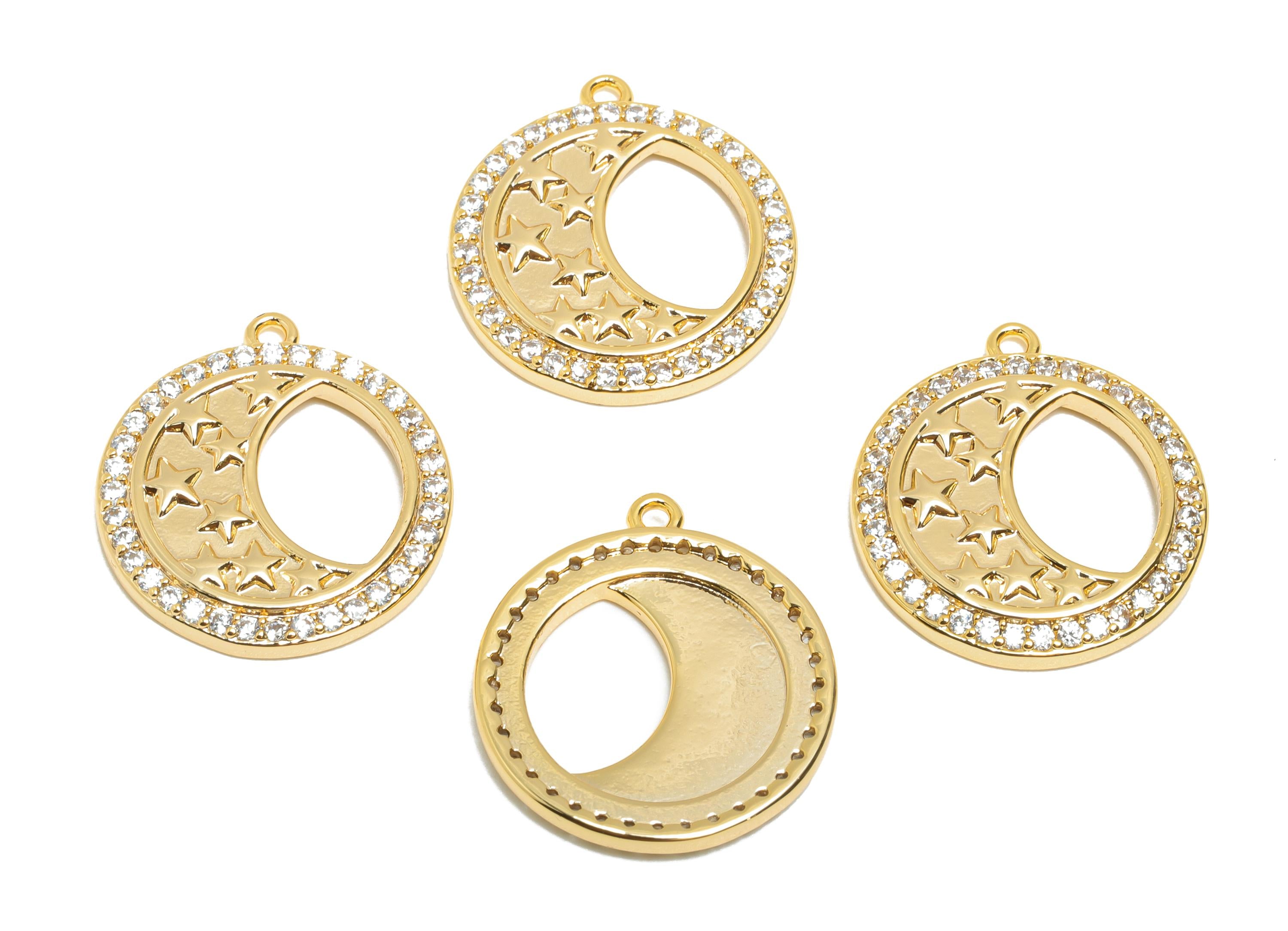 Brass Crescent Star Charm - Round Celestial Moon Zircon Pendant - Dainty Gold Jewelry Making - 18K Real Gold Plated - 19.8x18x2mm - RGP11074 - DOMEDBAZAAR