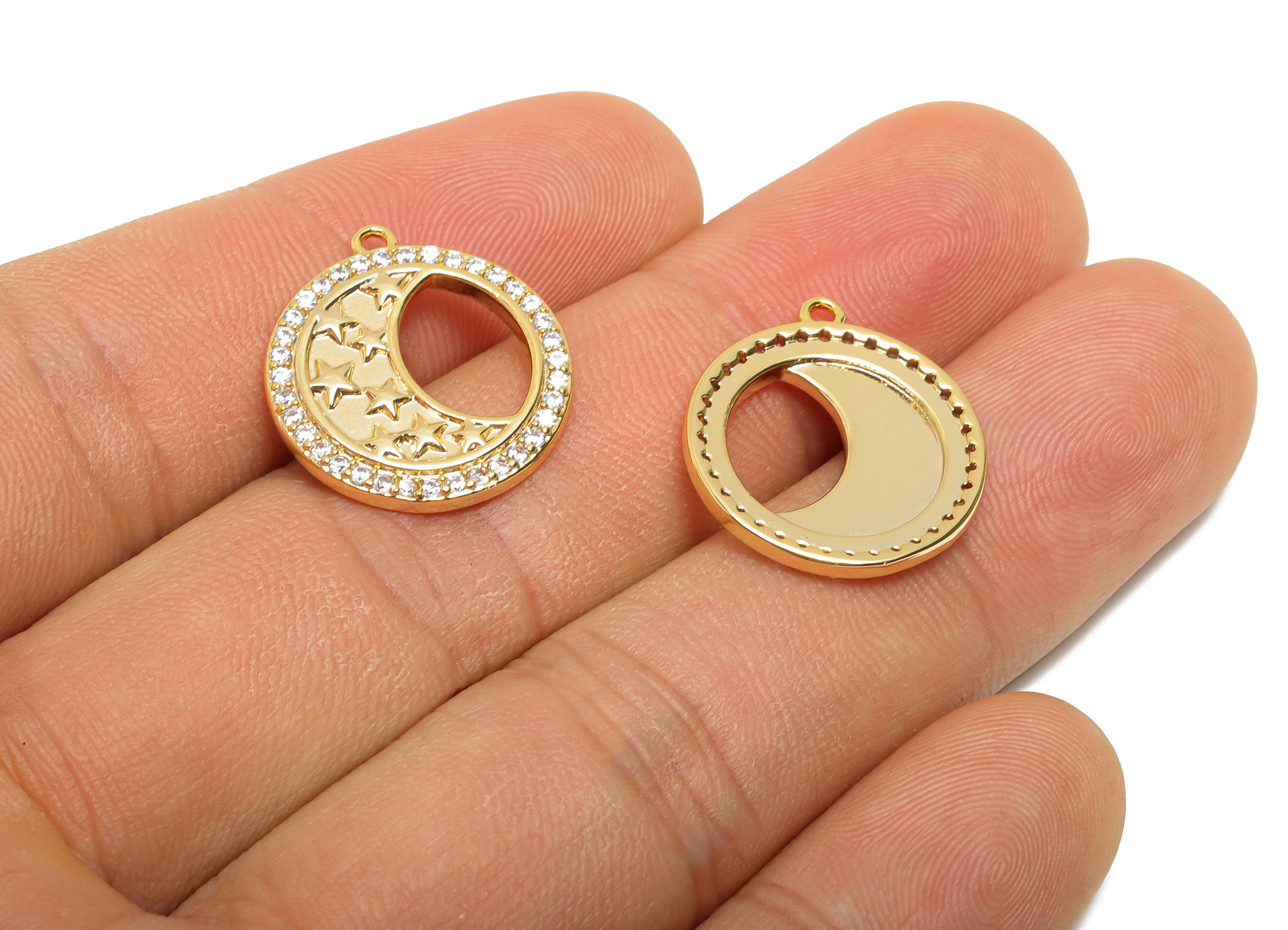 Brass Crescent Star Charm - Round Celestial Moon Zircon Pendant - Dainty Gold Jewelry Making - 18K Real Gold Plated - 19.8x18x2mm - RGP11074 - DOMEDBAZAAR