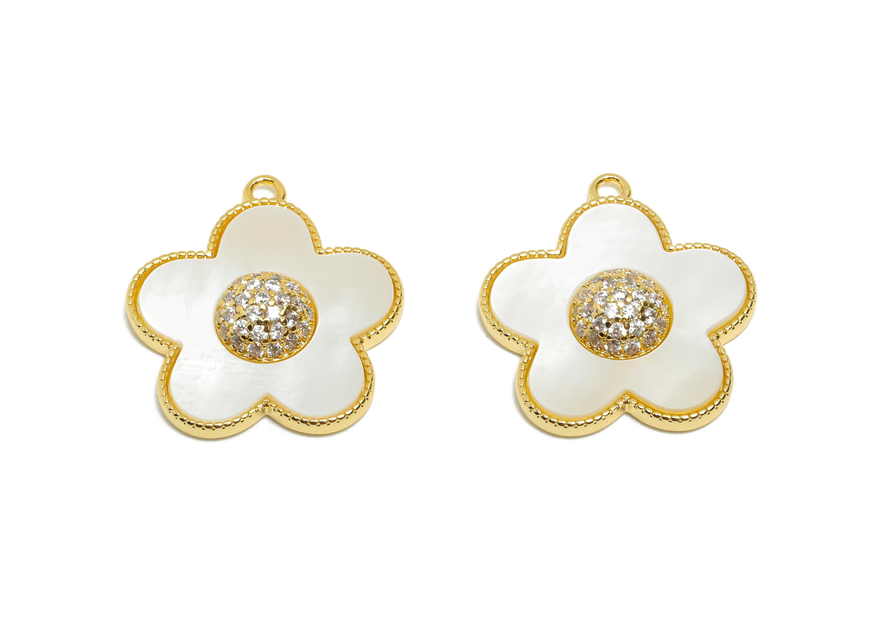 Brass Flower Shell Pendant - Dainty Zircon Necklace Pendant - Elegant Flower Jewelry Making - 18K Real Gold Plated - 19.6x17.9x4mm -RGP11094 - DOMEDBAZAAR