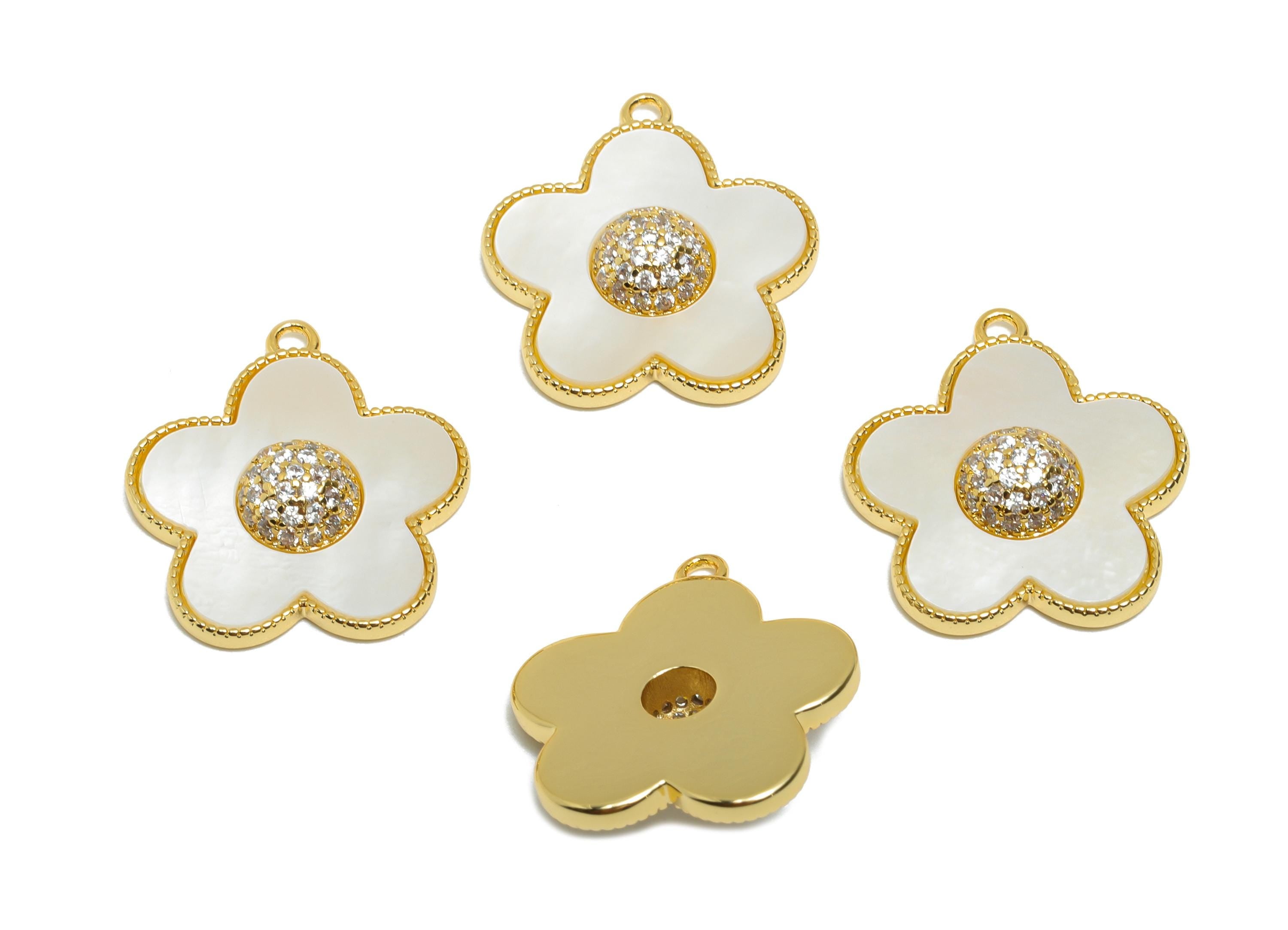 Brass Flower Shell Pendant - Dainty Zircon Necklace Pendant - Elegant Flower Jewelry Making - 18K Real Gold Plated - 19.6x17.9x4mm -RGP11094 - DOMEDBAZAAR