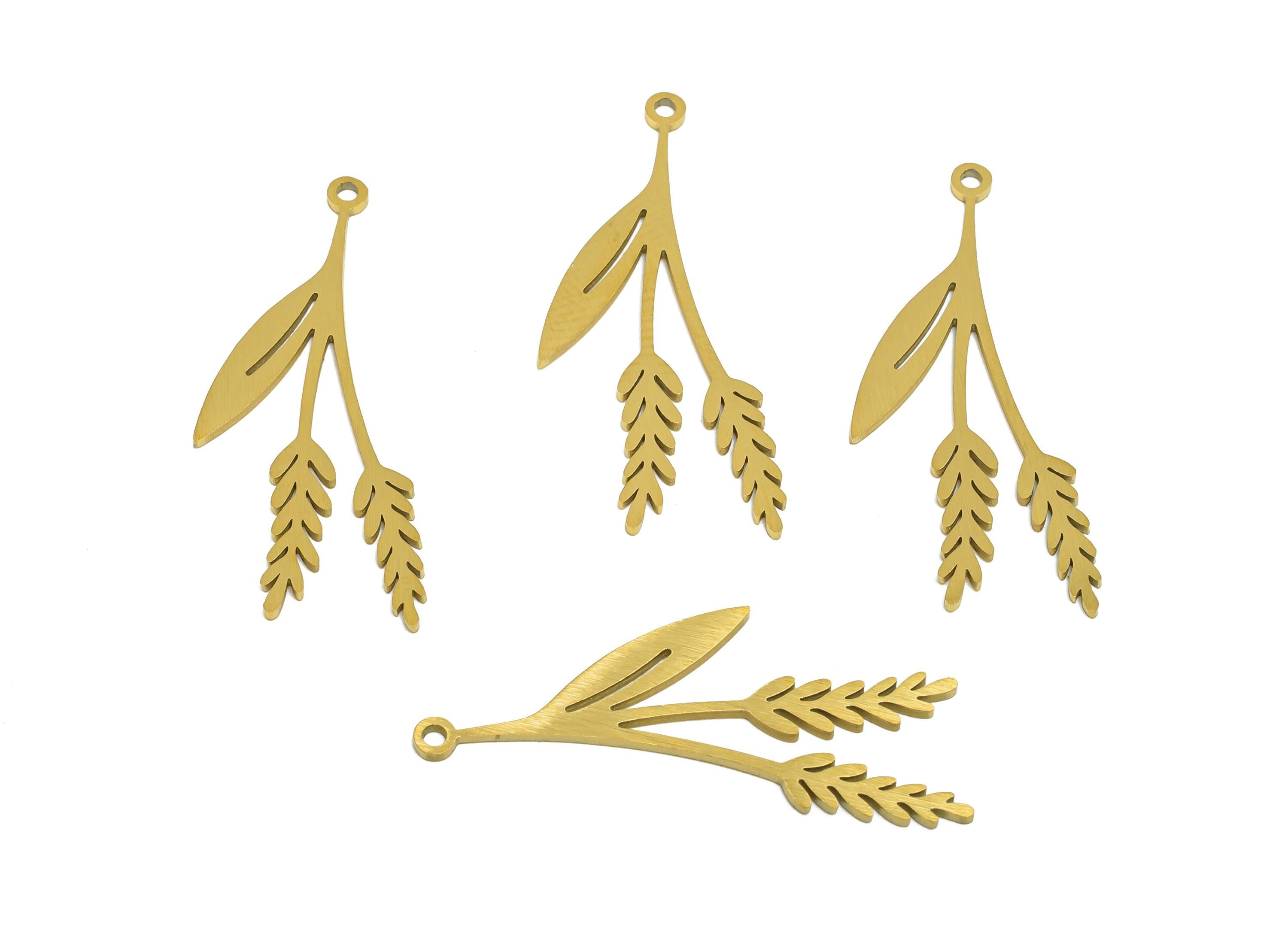 Steel Gold Wheat Leaf Charms - Geometric Botanical Charm - Nature Plant Charm for Necklace - Real Vacuum Plated - 29.9x11.4x0.9mm - SS2763 - DOMEDBAZAAR