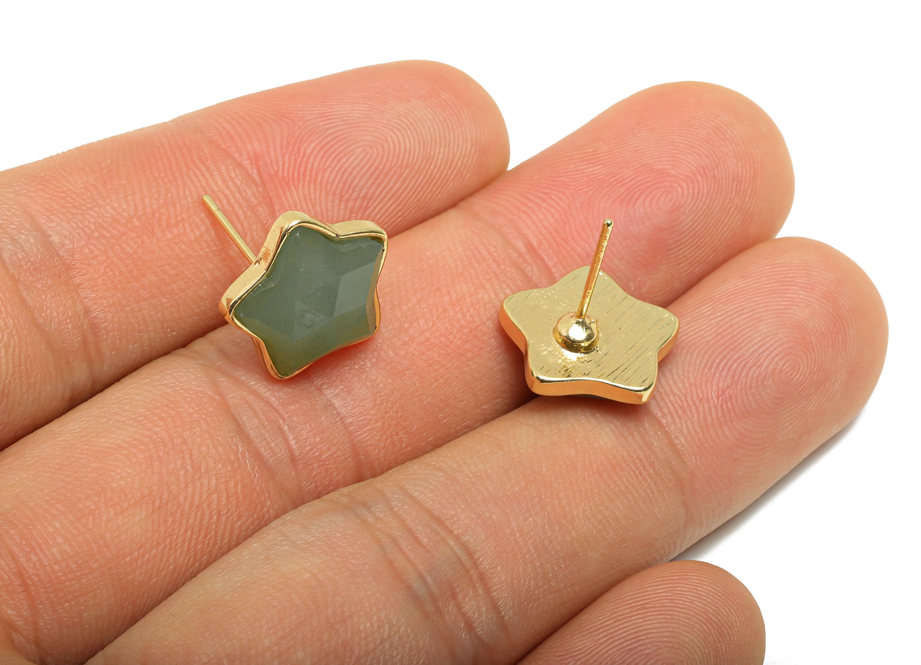 Alloy Green Aventurine Star Earring Stud - Nature Stone Earring - Vintage Faceted Gemstone Earring Stud - Gold Tone Plating-14x13x5mm-NS3117 - DOMEDBAZAAR