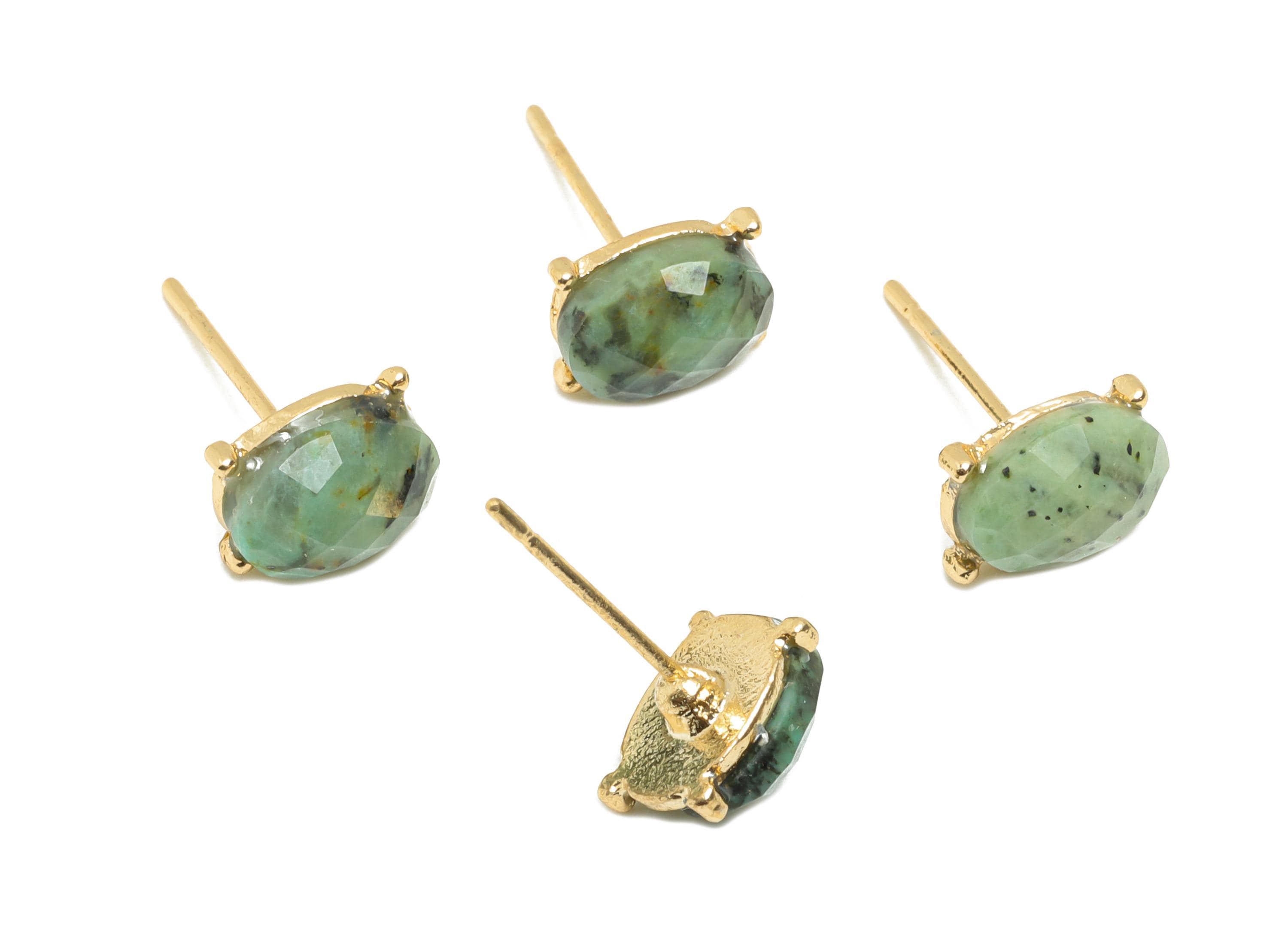 Alloy African Turquoise Oval Earring Stud - Nature Stone Earring - Vintage Faceted Gemstone Post - Gold Tone Plating - 8.4x6.6x4mm - NS3119 - DOMEDBAZAAR