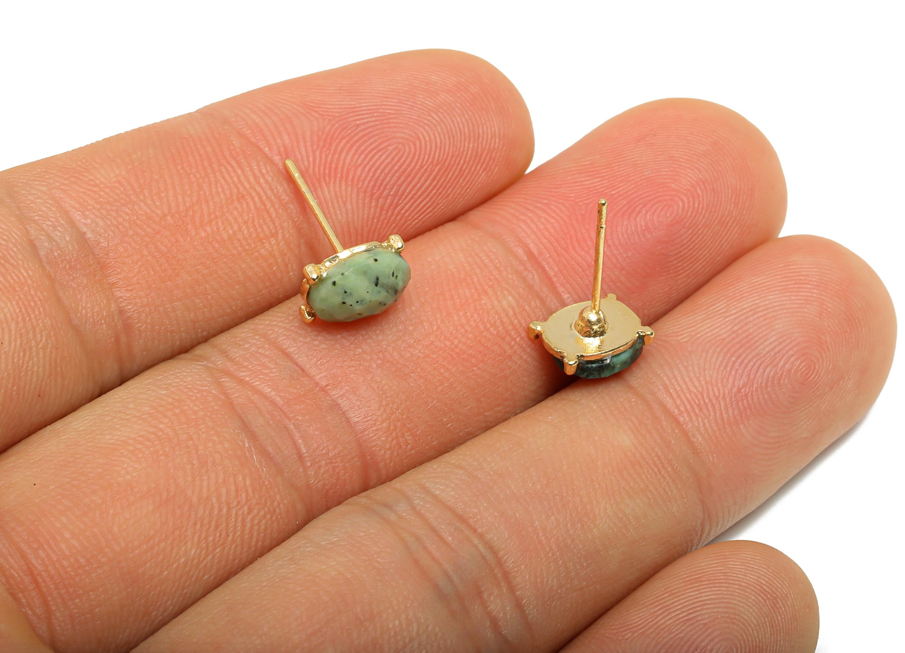Alloy African Turquoise Oval Earring Stud - Nature Stone Earring - Vintage Faceted Gemstone Post - Gold Tone Plating - 8.4x6.6x4mm - NS3119 - DOMEDBAZAAR