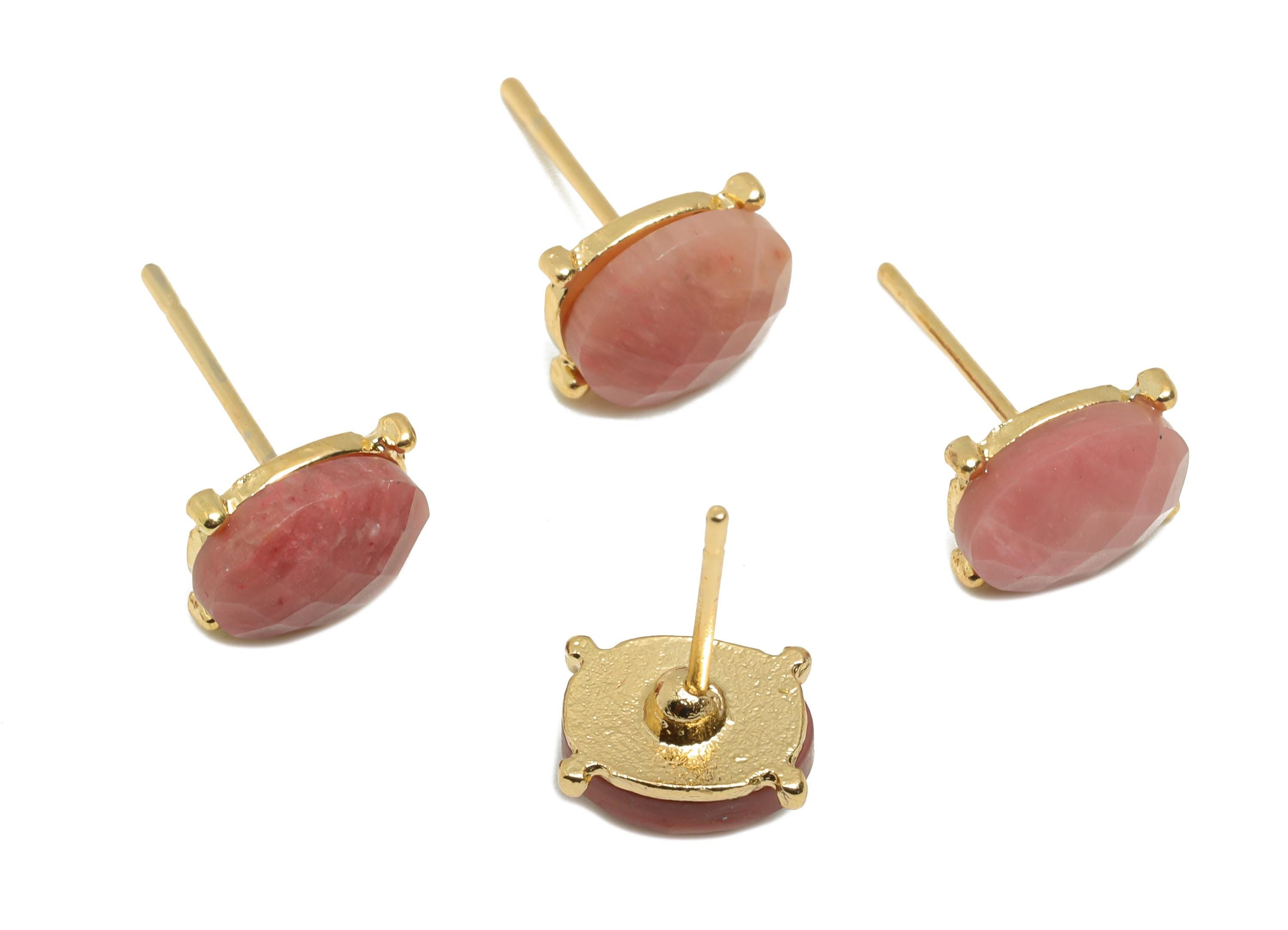 Alloy Rhodonite Oval Earring Stud - Nature Stone Earring - Vintage Faceted Gemstone Earring Stud - Gold Tone Plating - 8.4x6.6x4mm - NS3120 - DOMEDBAZAAR