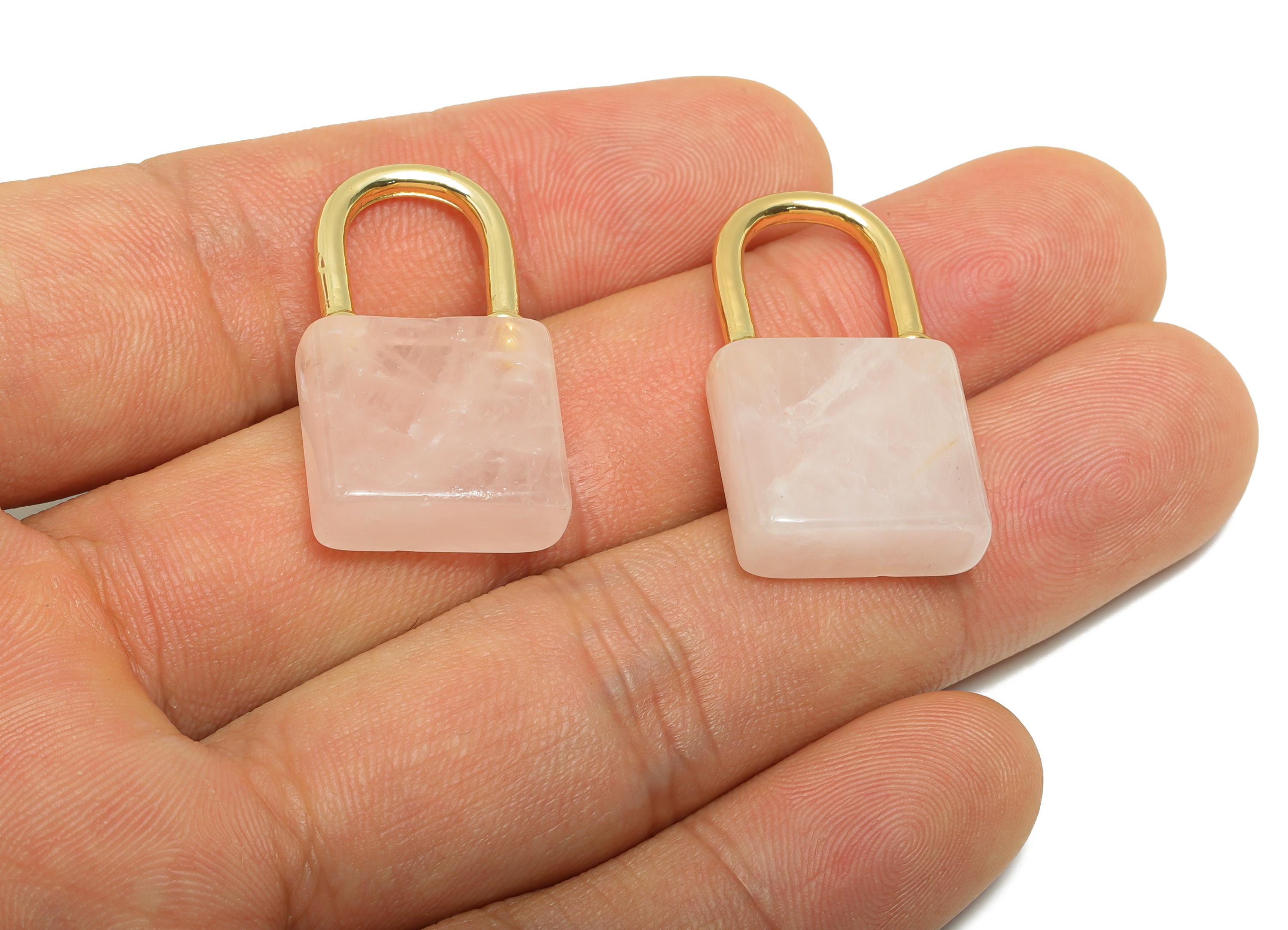 Pink Quartz Lock Pendant - Brass Pink Nature Stone Pendant - Dainty Lock Stone Pendant - Nature Stone - Gold Tone Plated - 29x14x6mm -NS3122 - DOMEDBAZAAR