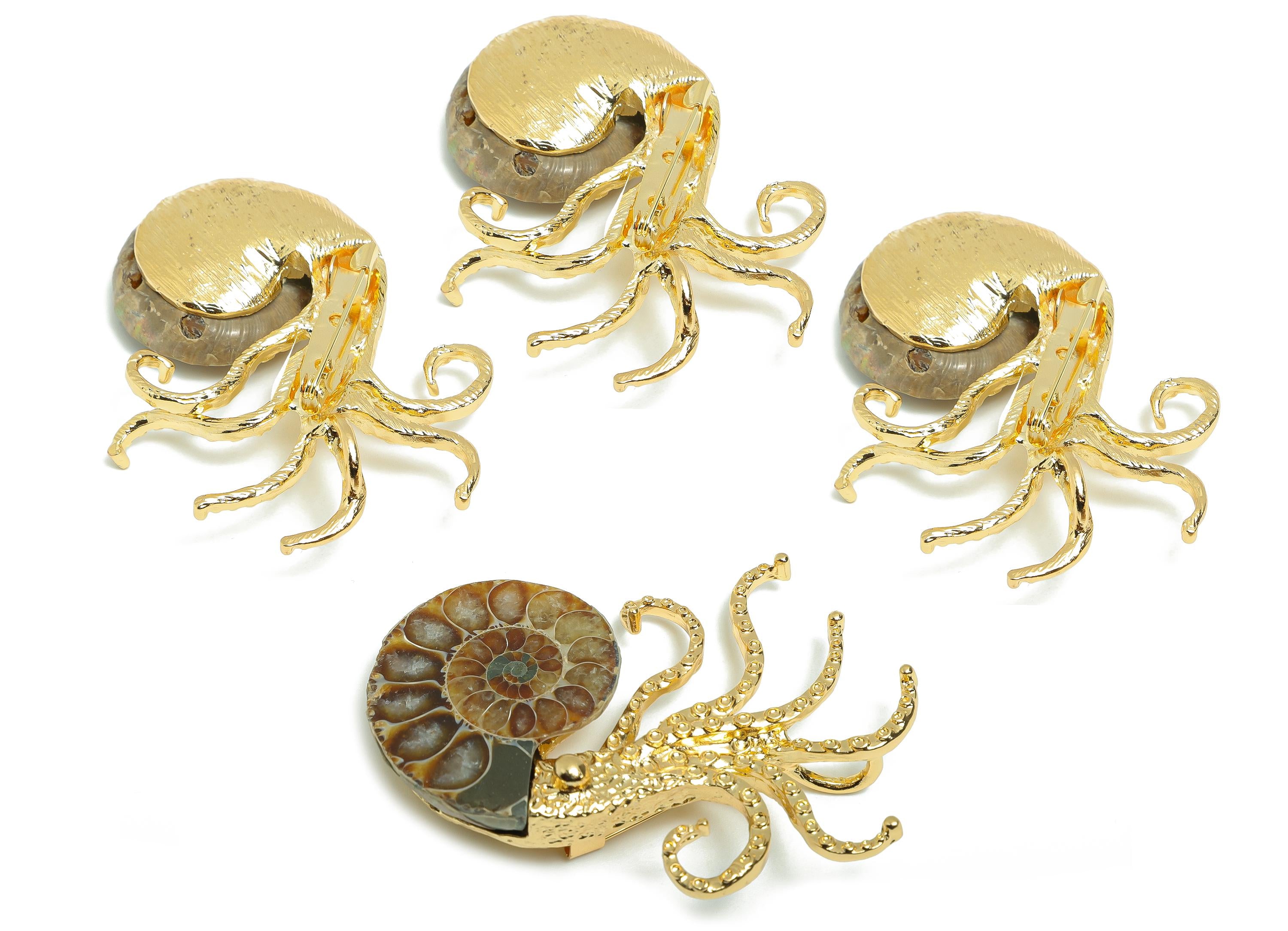 Alloy Ammonite Fossil Octopus Brooch - Natural Stone Brooch - Steampunk Ammonite Brooch Pin -Gastropod Fossil Brooch - 62x49x11mm - NS3310 - DOMEDBAZAAR