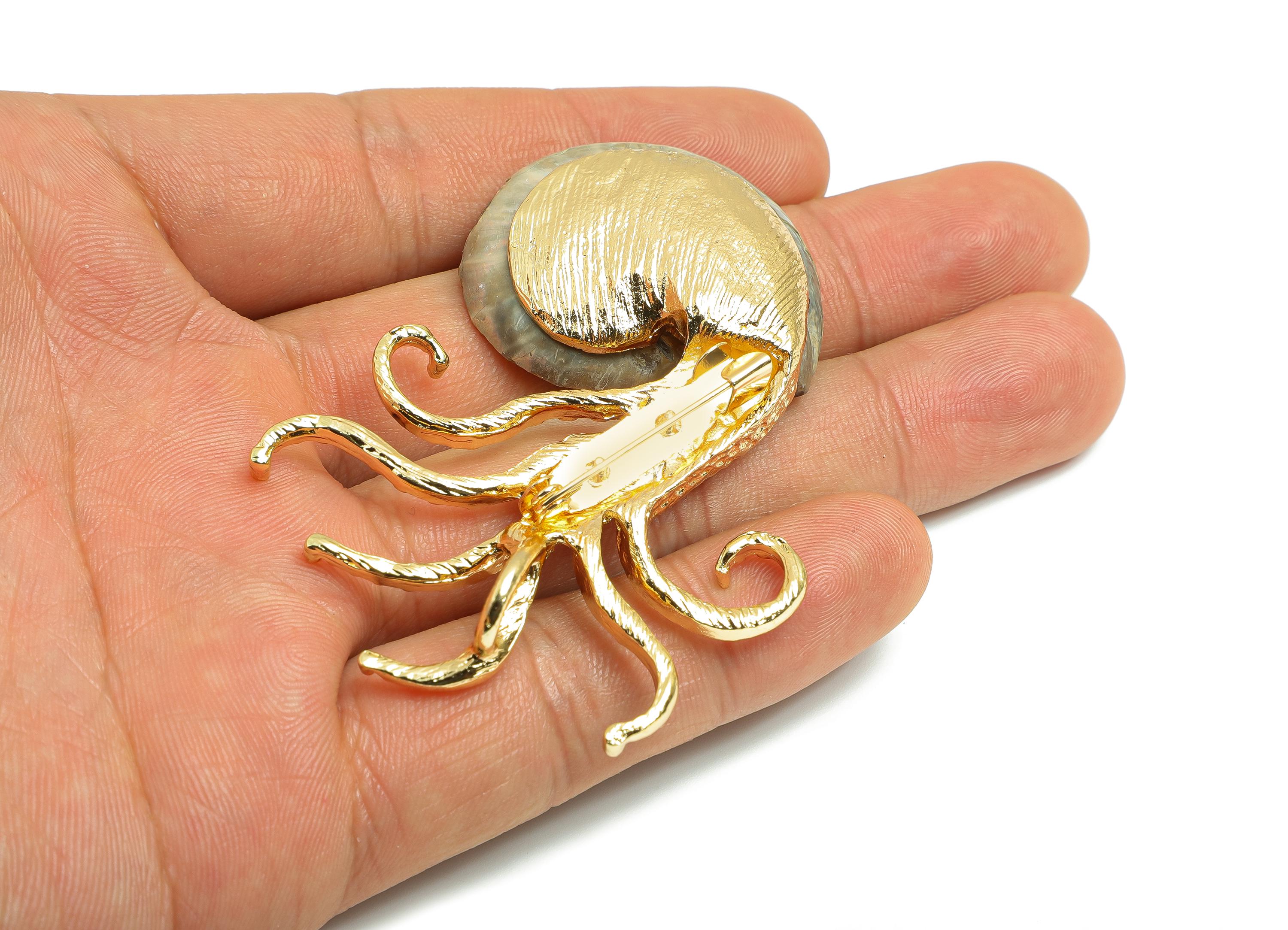 Alloy Ammonite Fossil Octopus Brooch - Natural Stone Brooch - Steampunk Ammonite Brooch Pin -Gastropod Fossil Brooch - 62x49x11mm - NS3310 - DOMEDBAZAAR