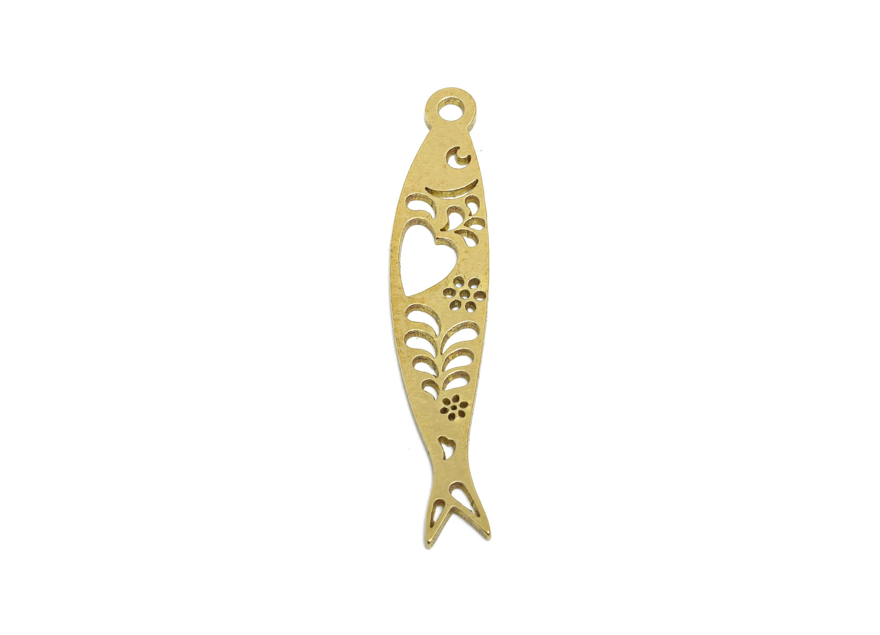 Raw Brass Fish Earring Charm - Hollow Heart Leaf Marine Life Pendant - Geometric Fish Design Charm - DIY Jewelry - 31.68x6x0.9mm - PP11499 - DOMEDBAZAAR