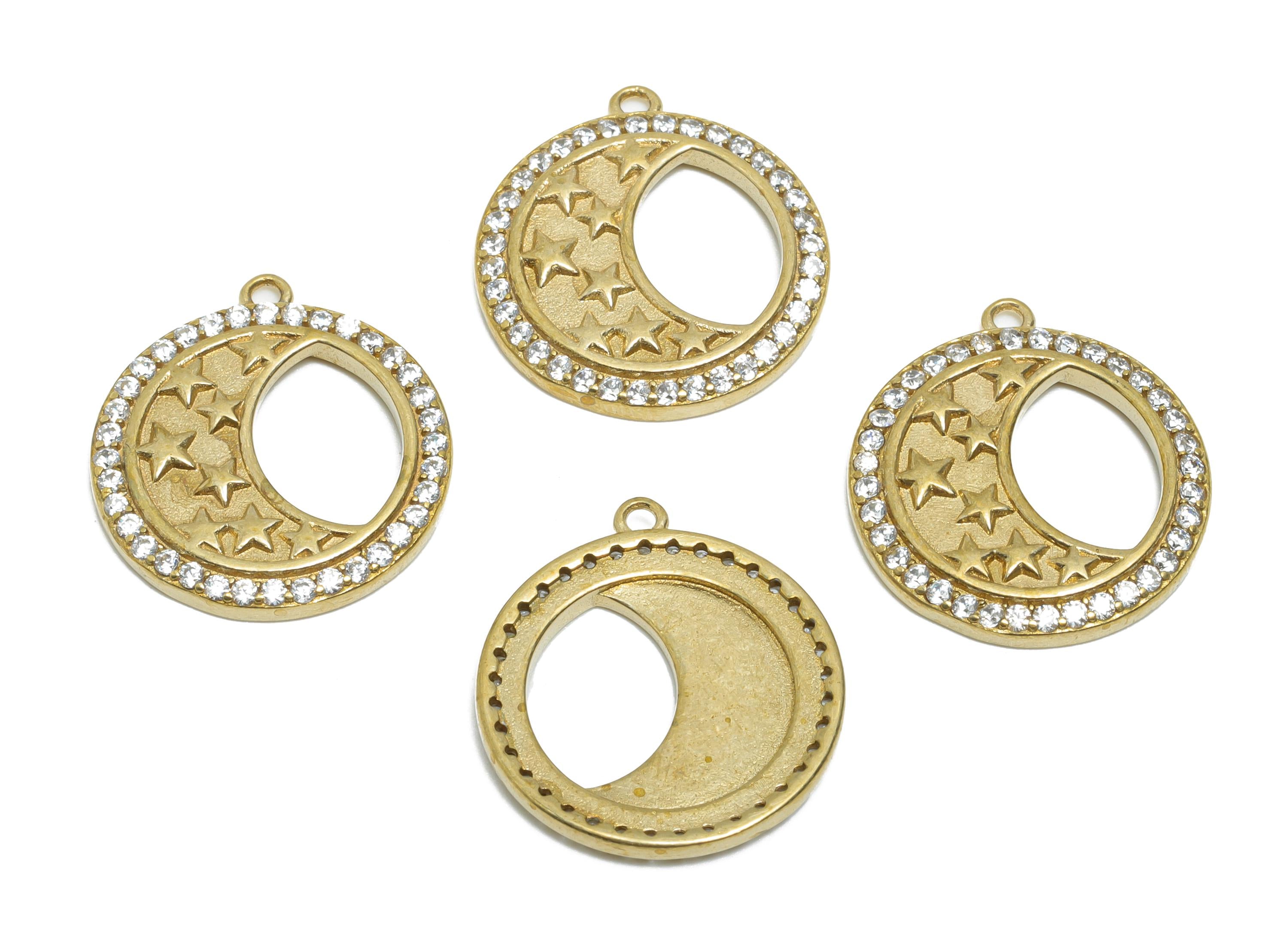 Raw Brass Crescent Star Charm - Round Celestial Moon Zircon Pendant - Dainty Gold Jewelry Supply - DIY Craft Making - 19.8x18x2mm - PP11456 - DOMEDBAZAAR