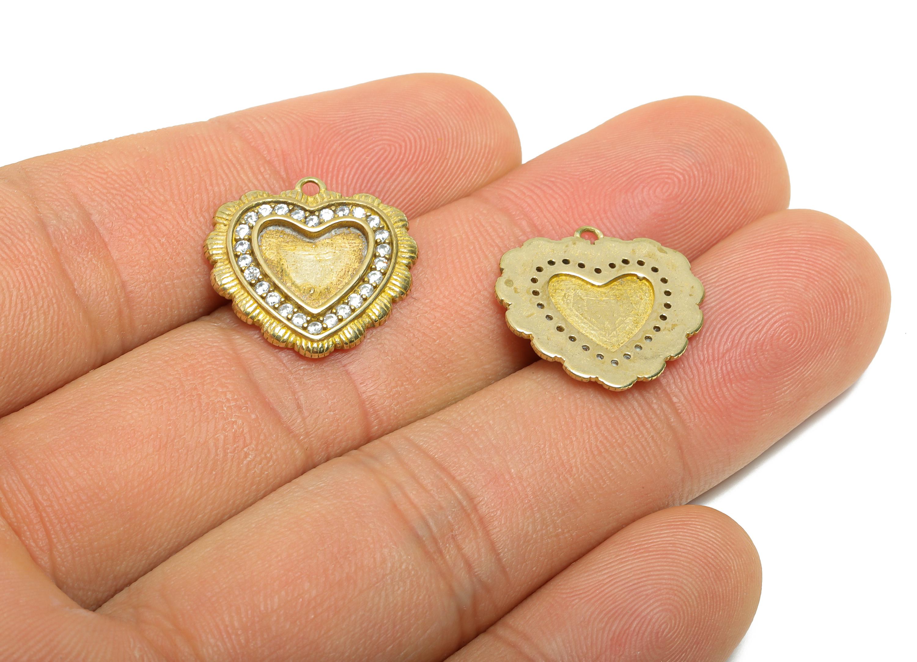 Raw Brass Heart Pendant - Sparkling Zircon Love Pendant - Refined Heart Enamel Setting Pendant - Jewelry Making - 17.7x18x2.5mm - PP11472