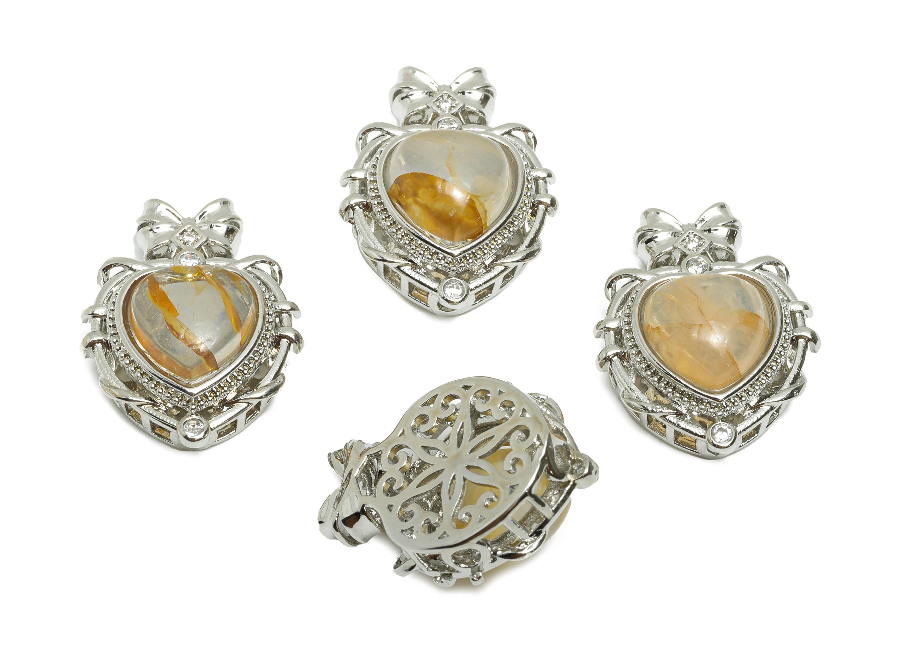 Brass Heart Bow Pendant - Romantic Hematoid Quartz Necklace Pendant - Ornate Jewelry Component - White K Plated - 23x17.8x10.8mm - PP11482 - DOMEDBAZAAR