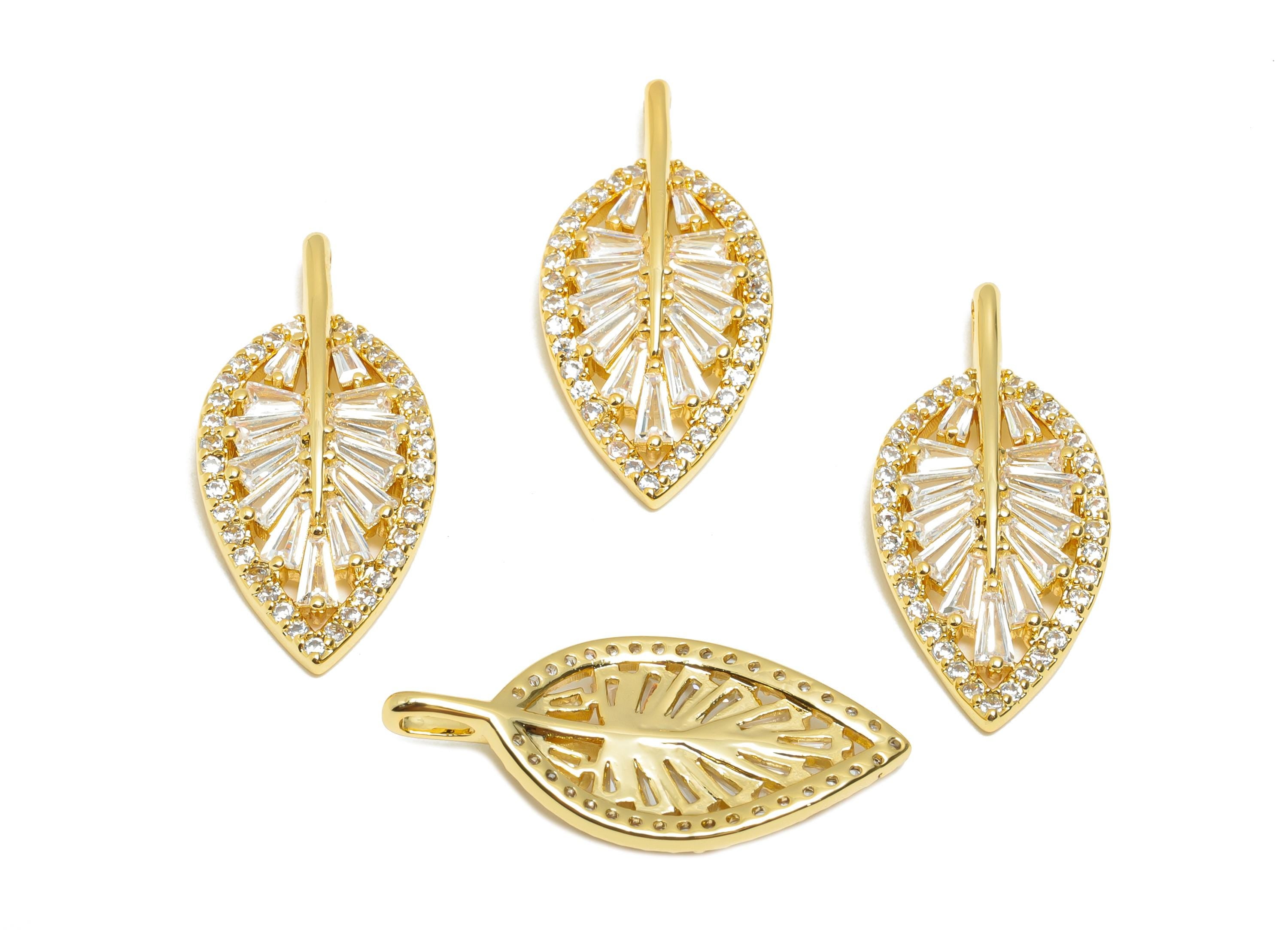 Brass CZ Leaf Pendant - Sparkly Fashion Jewelry Part - Zircon Luxe Charm For Jewelry Making - 18K Real Gold Plating - 26x12x3.5mm - RGP11087 - DOMEDBAZAAR