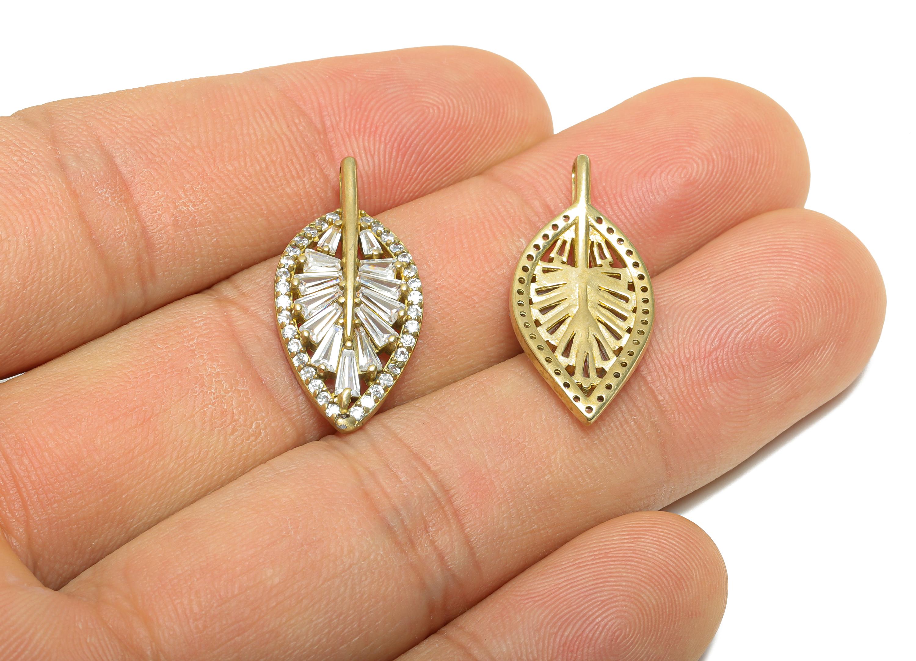 Brass CZ Leaf Pendant - Sparkly Fashion Jewelry Part - Zircon Luxe Charm For Jewelry Making - Radiant Leaf Design - 26x12x3.5mm - PP11466 - DOMEDBAZAAR