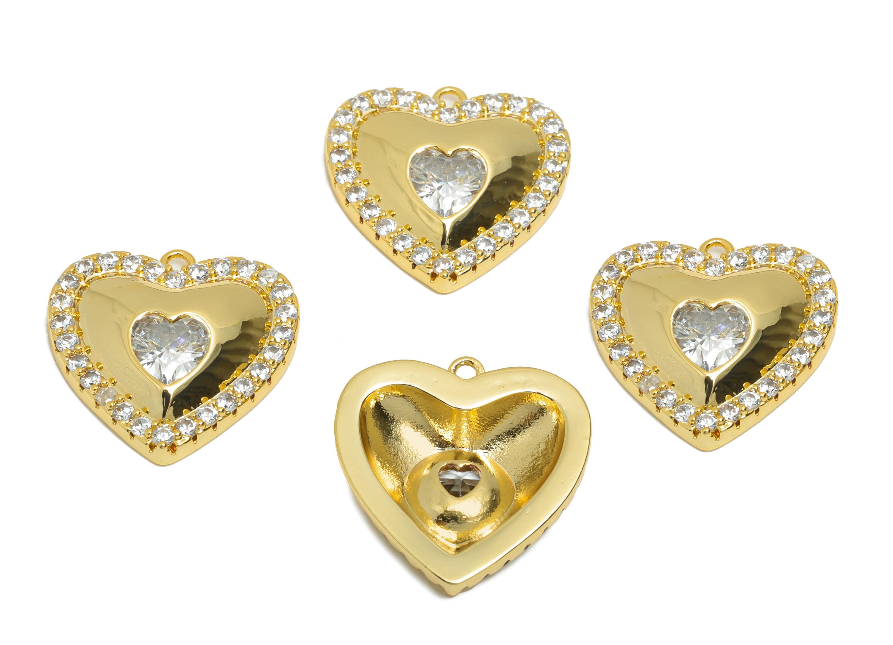 Brass CZ Heart Pendant - Rhinestone Heart Charm - Faceted Zircon Romantic Jewelry Supply - 18K Real Gold Plating - 18x18x4mm - RGP11088 - DOMEDBAZAAR