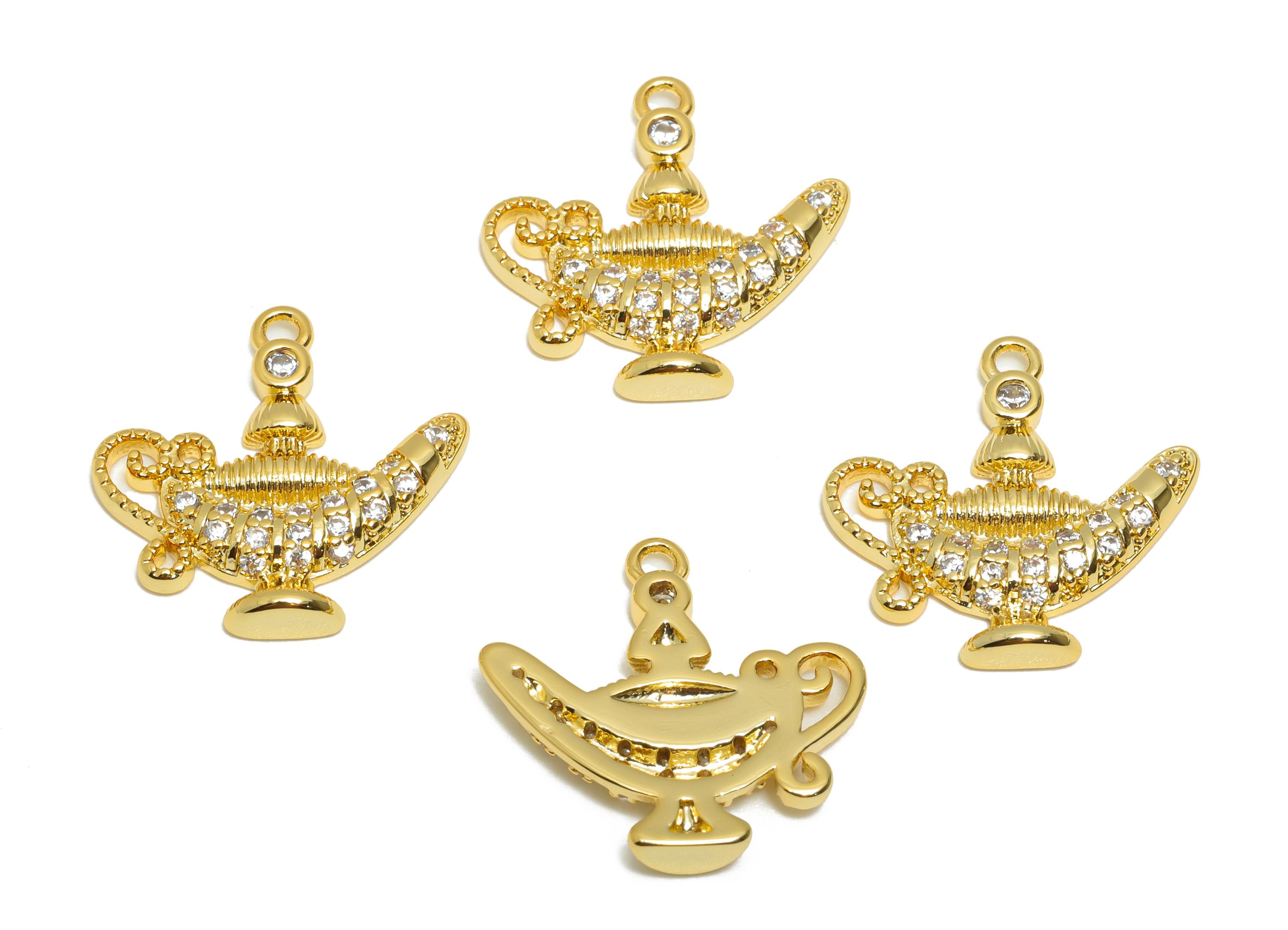 Brass CZ Genie Lamp Pendant - Magical Lamp Charm - DIY Bracelet Piece - Customizable Pendant - 18K Real Gold Plating - 16x16x2mm - RGP11090 - DOMEDBAZAAR