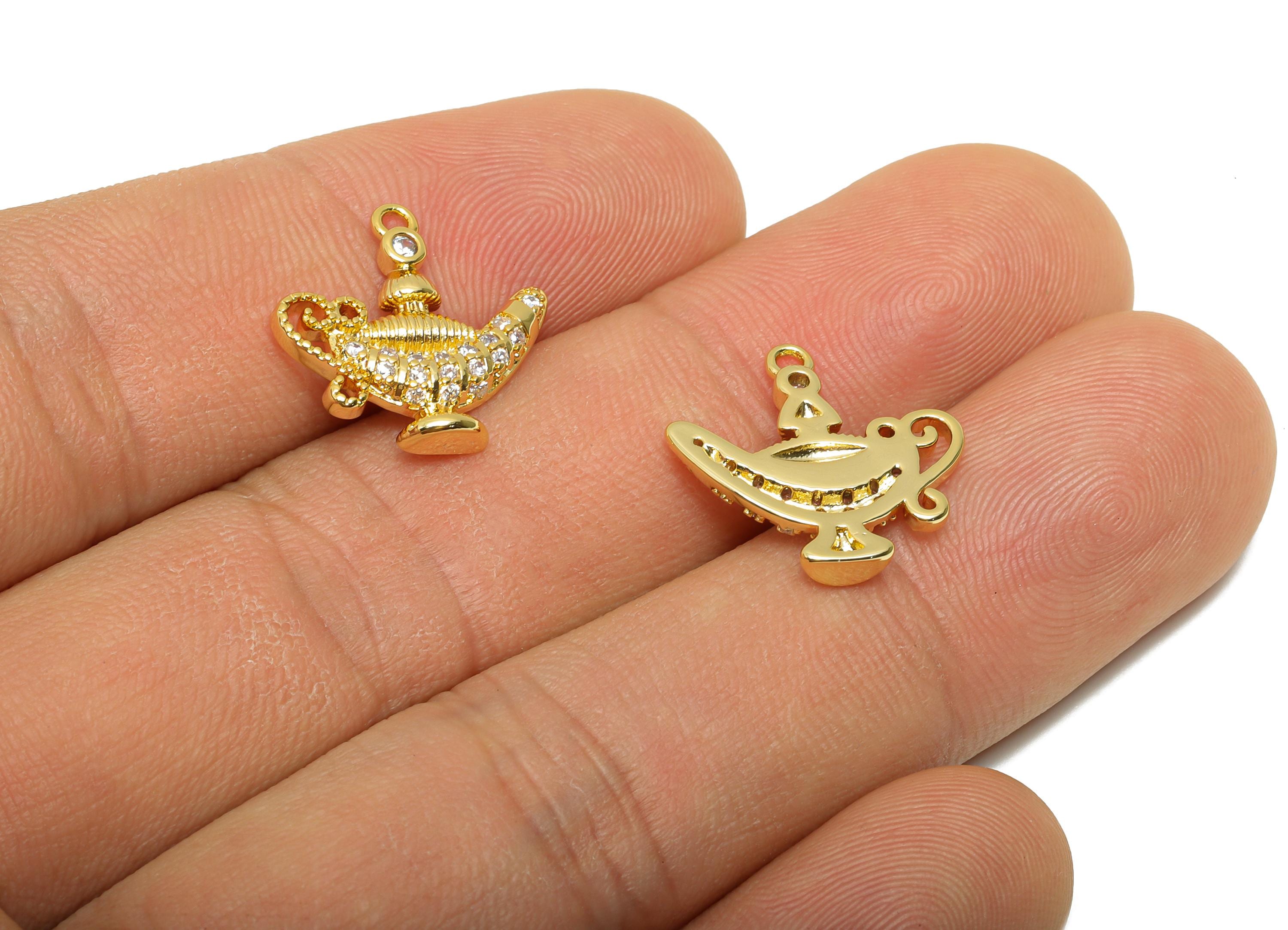 Brass CZ Genie Lamp Pendant - Magical Lamp Charm - DIY Bracelet Piece - Customizable Pendant - 18K Real Gold Plating - 16x16x2mm - RGP11090 - DOMEDBAZAAR
