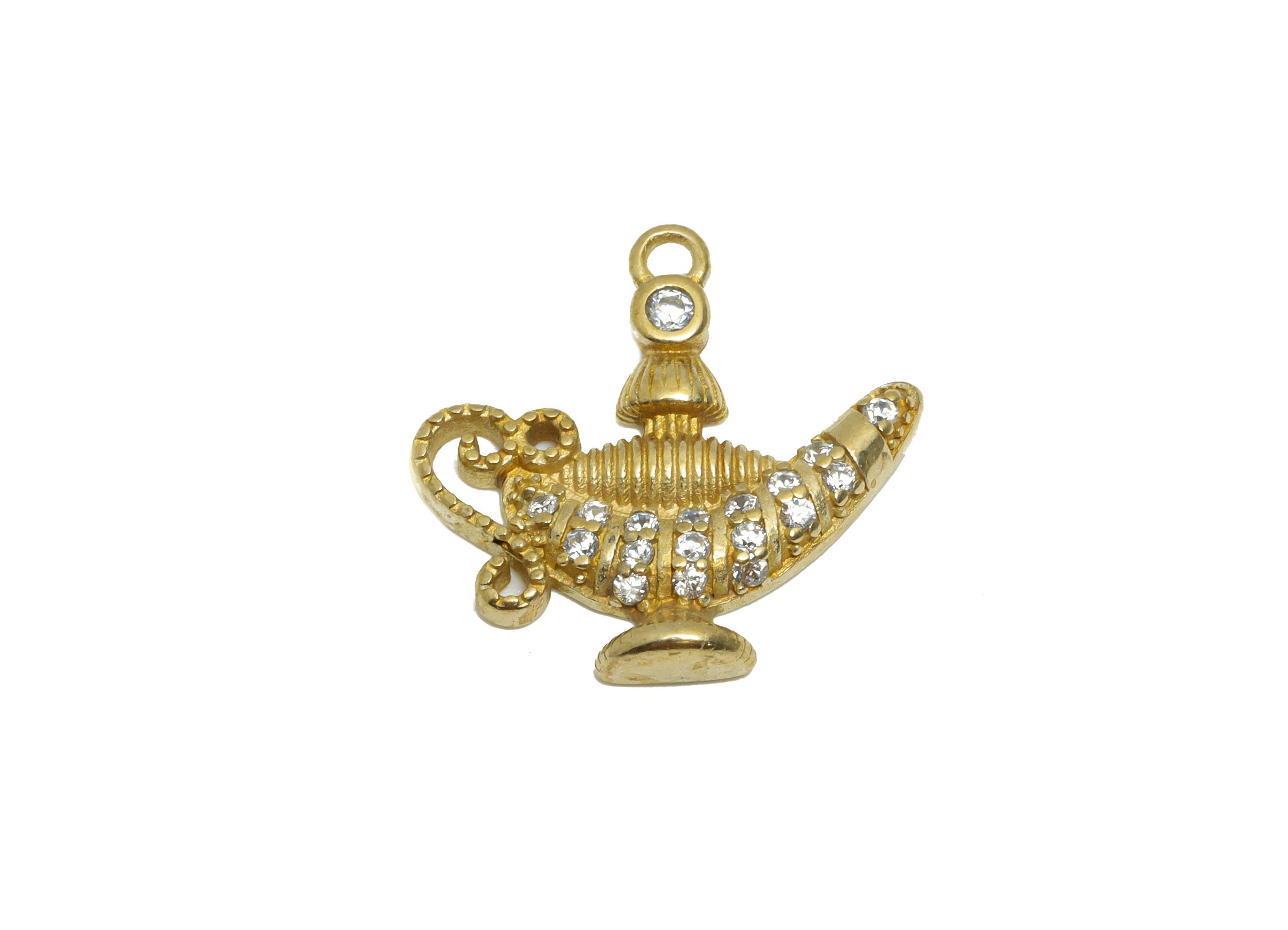Brass CZ Genie Lamp Pendant - Magical Lamp Charm - DIY Bracelet Piece - Customizable Pendant - Costume Jewelry Supply - 16x16x2mm - PP11469 - DOMEDBAZAAR