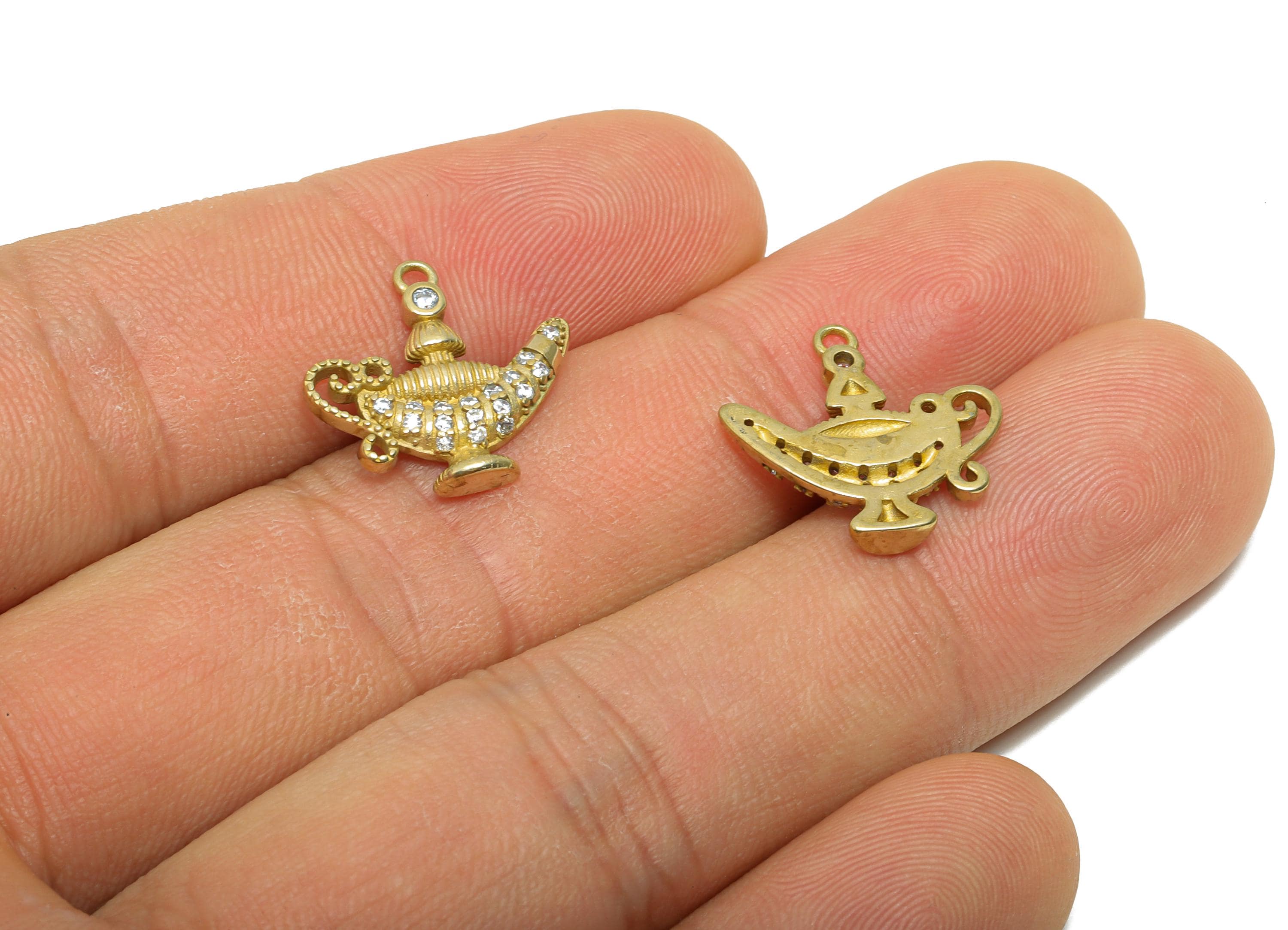 Brass CZ Genie Lamp Pendant - Magical Lamp Charm - DIY Bracelet Piece - Customizable Pendant - Costume Jewelry Supply - 16x16x2mm - PP11469 - DOMEDBAZAAR