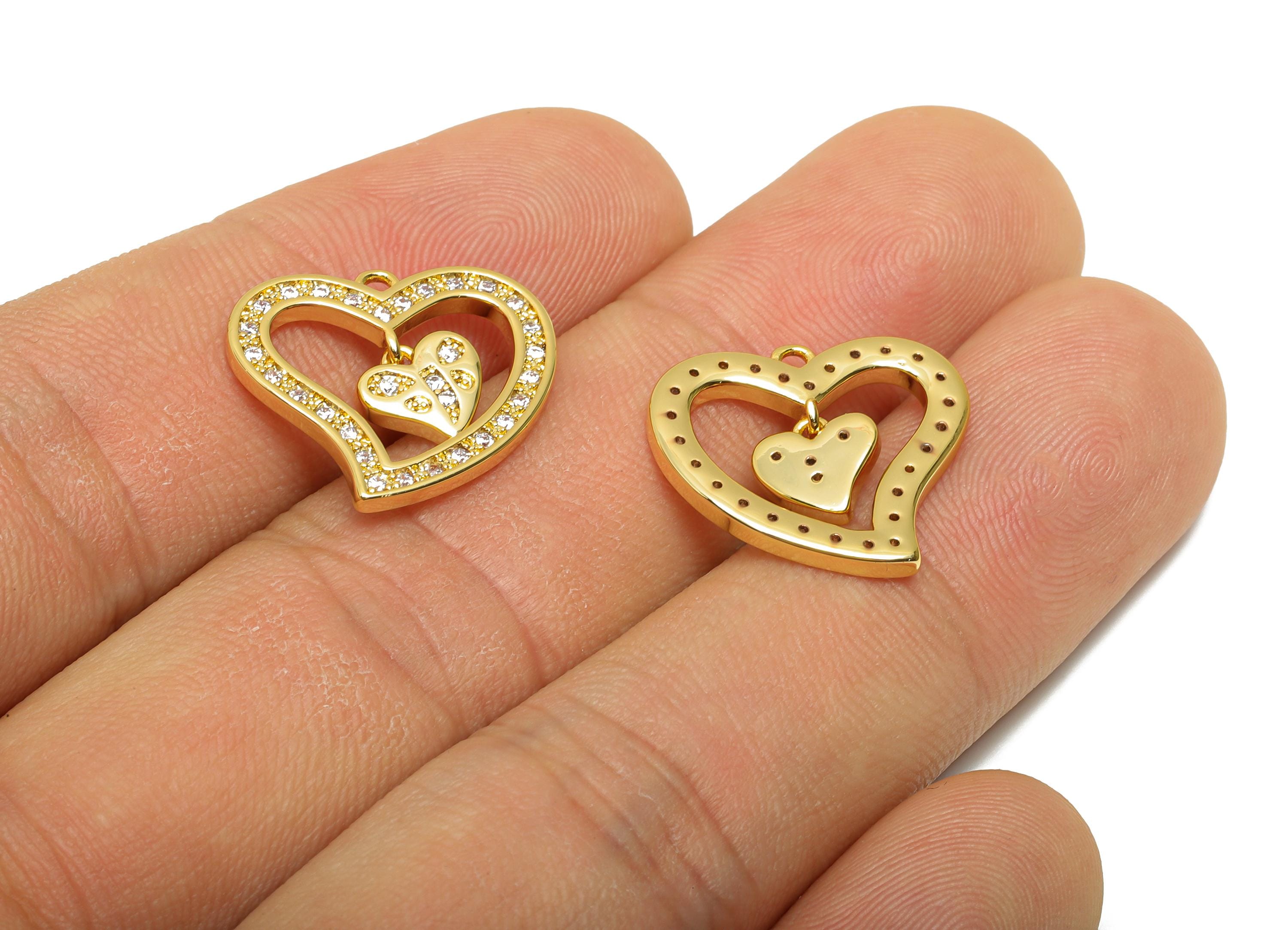 Brass CZ Heart Pendant - Rhinestone Dangle Charm - Cubic Zircon Romantic Jewelry Supply - 18K Real Gold Plating - 18x16x2mm - RGP11089 - DOMEDBAZAAR