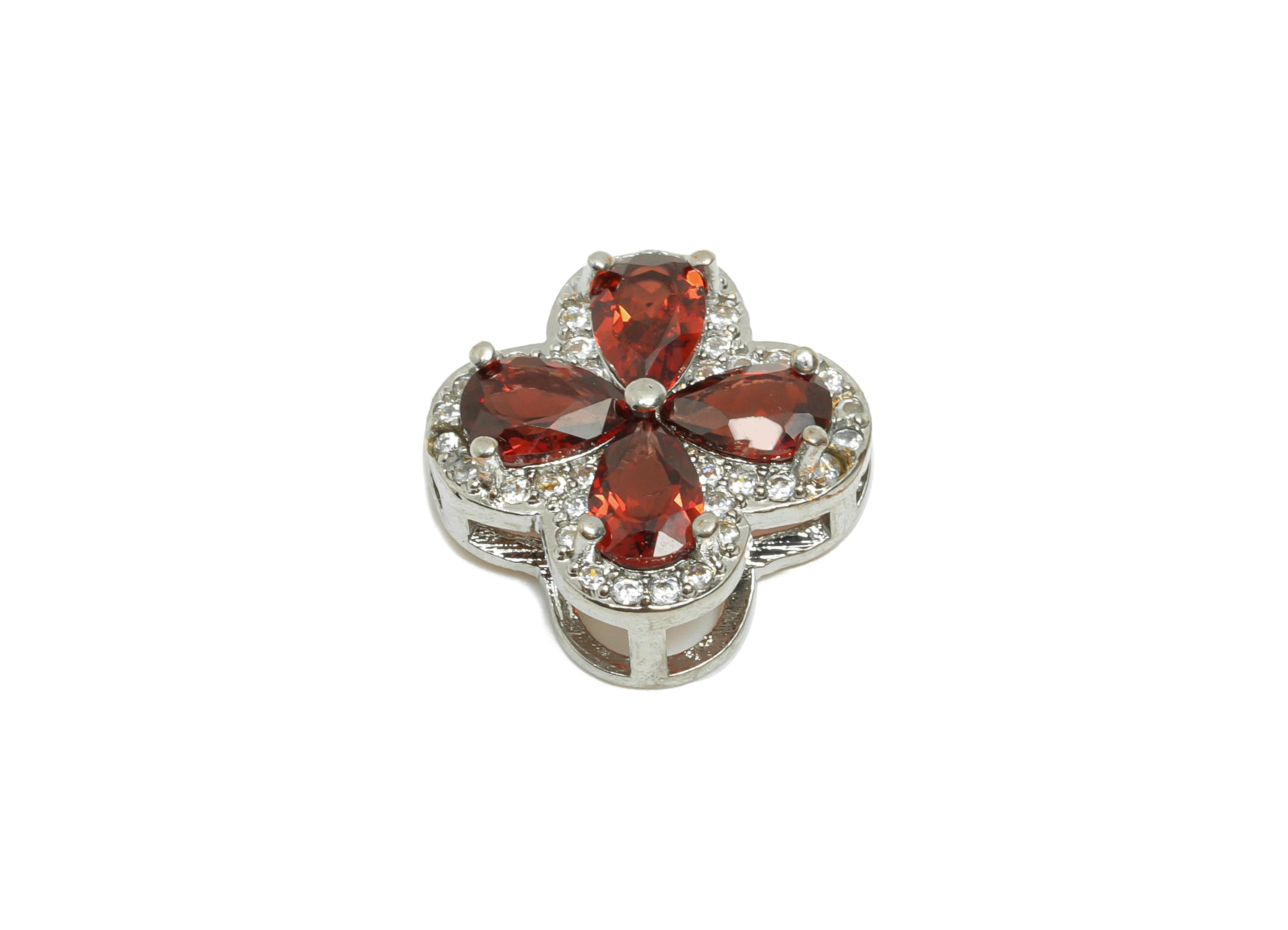 Brass Garnet Flower Charms - Vintage Four Leaf Clover Charm - Shinny Flower Pendant - DIY Craft Making - White K Plated - 15x15x5mm-PP11479 - DOMEDBAZAAR