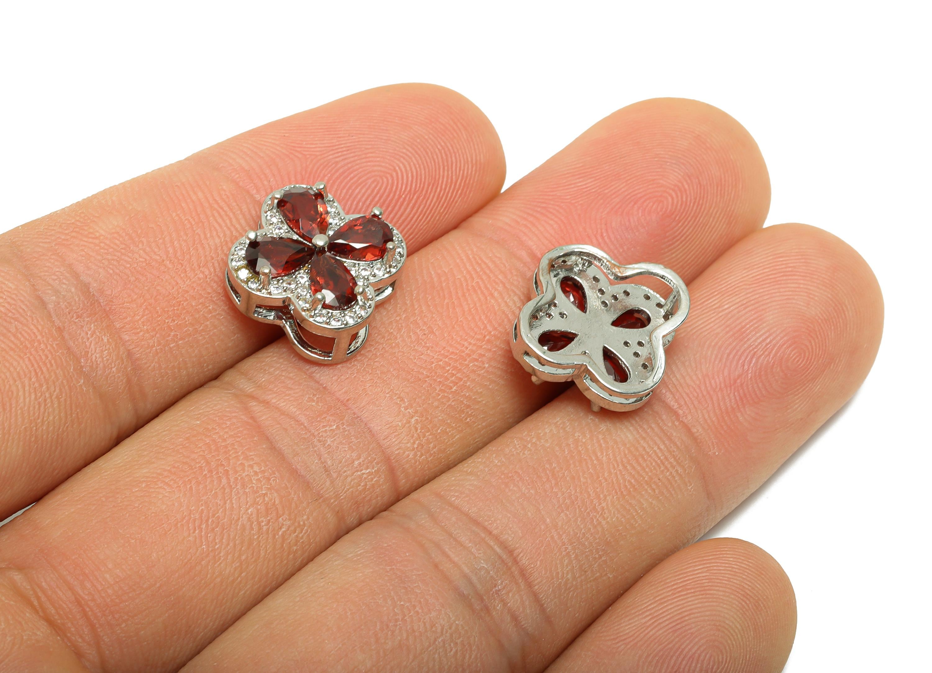 Brass Garnet Flower Charms - Vintage Four Leaf Clover Charm - Shinny Flower Pendant - DIY Craft Making - White K Plated - 15x15x5mm-PP11479 - DOMEDBAZAAR