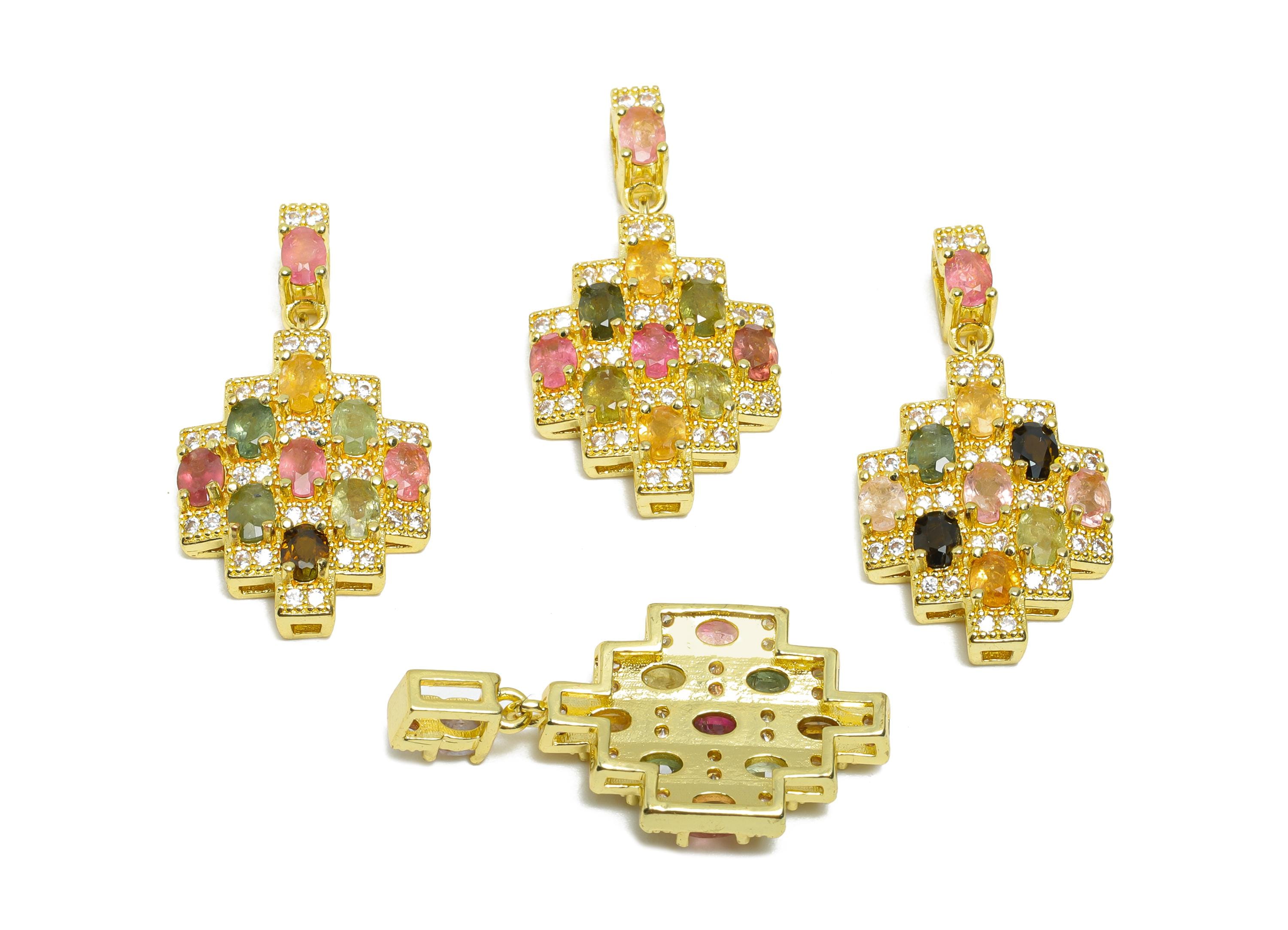 Brass Tourmaline Geometric Pendant - Sparkling Oval Zircon Necklace Pendant - Jewelry Making - KC Gold Tone Plated - 29.8x15x4mm - PP11478 - DOMEDBAZAAR