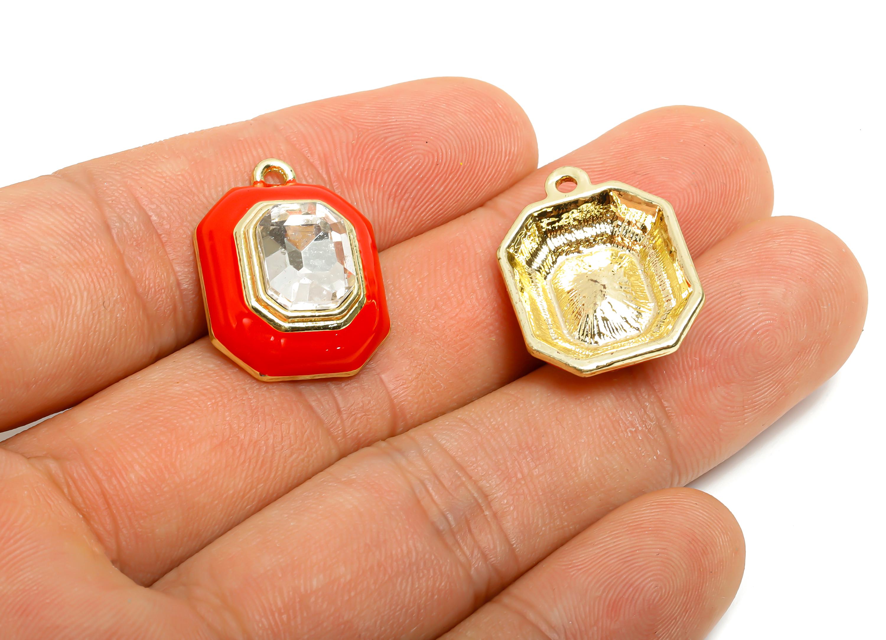 Alloy Octagon Pendant - Red Enamel Crystal Charm for Necklace - Dainty Geometric Charm for Jewelry - KC Gold Plated - 22x17x8mm - AC3543B - DOMEDBAZAAR